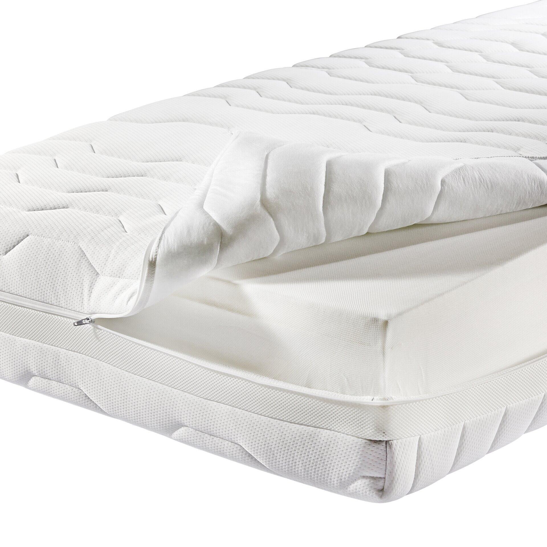 Querschnittsansicht der DormiSpring T660 Matratze mit Taschenfederkern, 7 Zonen und Komfortschaum, die die vertikale Schichtstruktur aus Bezug, Schaumstoff, Federn und Textil zeigt.