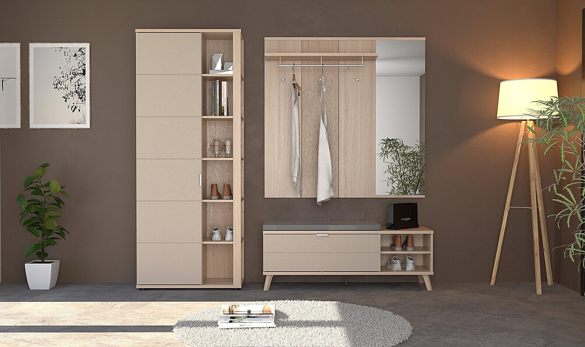 Garderoben-Kombi Basel-G mit Bank mit Schubladen und Schuhablage, schmalem Schrank mit Regalen und Spiegel.