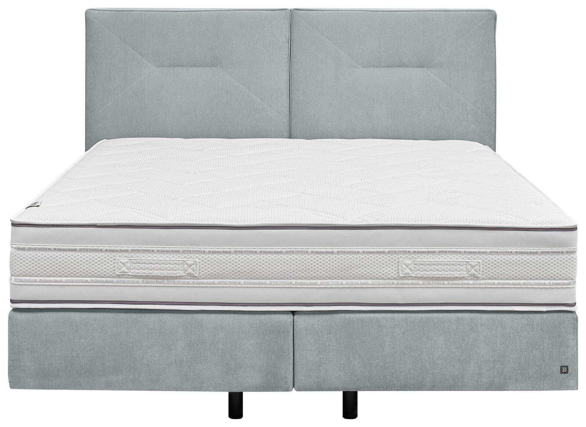 Boxspringbett Luxor Line mit grauem Kopfteil, strukturierter Oberfläche und integrierten Schubladen, Frontalperspektive.