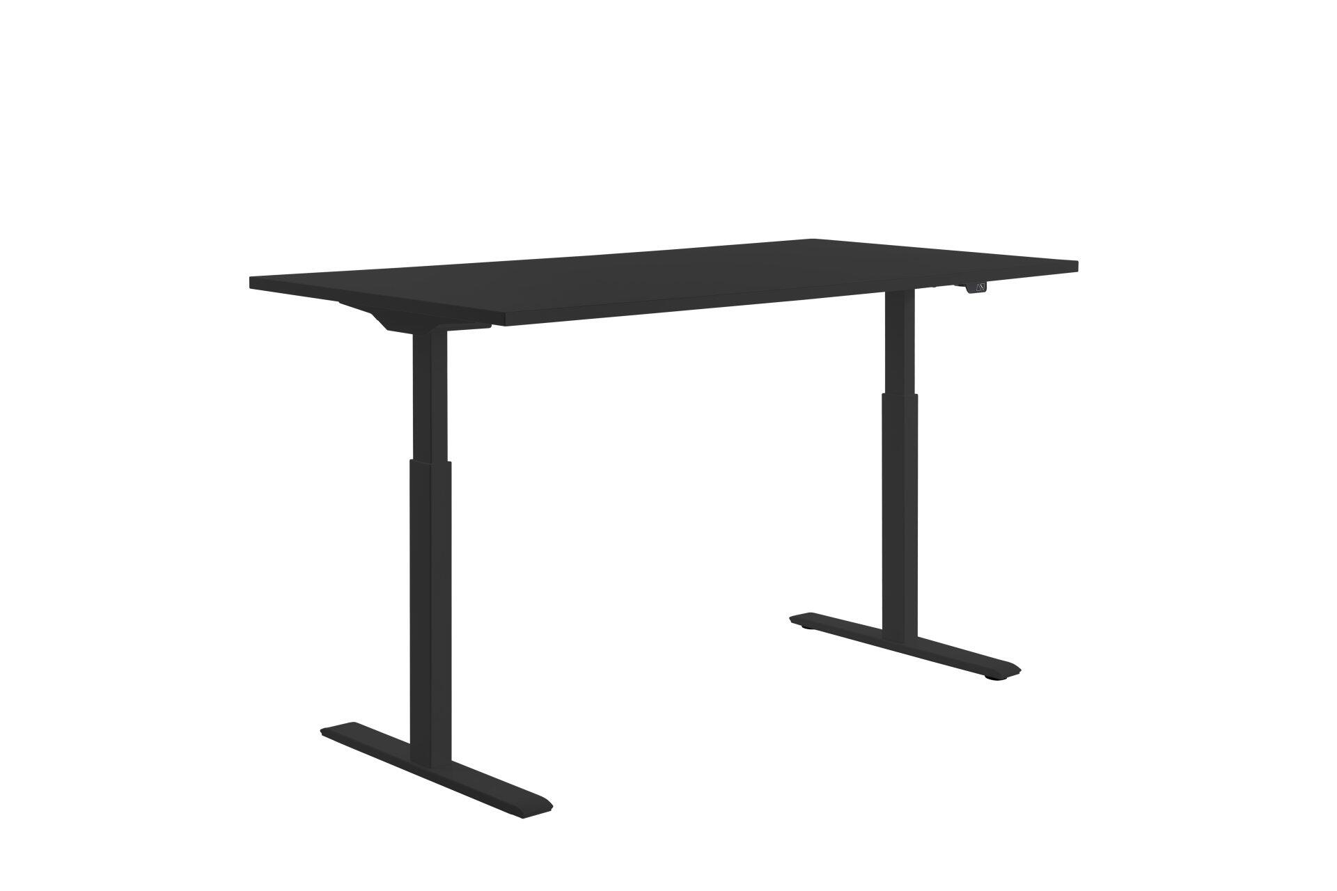 Schreibtisch E-Table mit teleskopisch ausziehbaren, höhenverstellbaren Beinen und schwarzer Tischplatte.