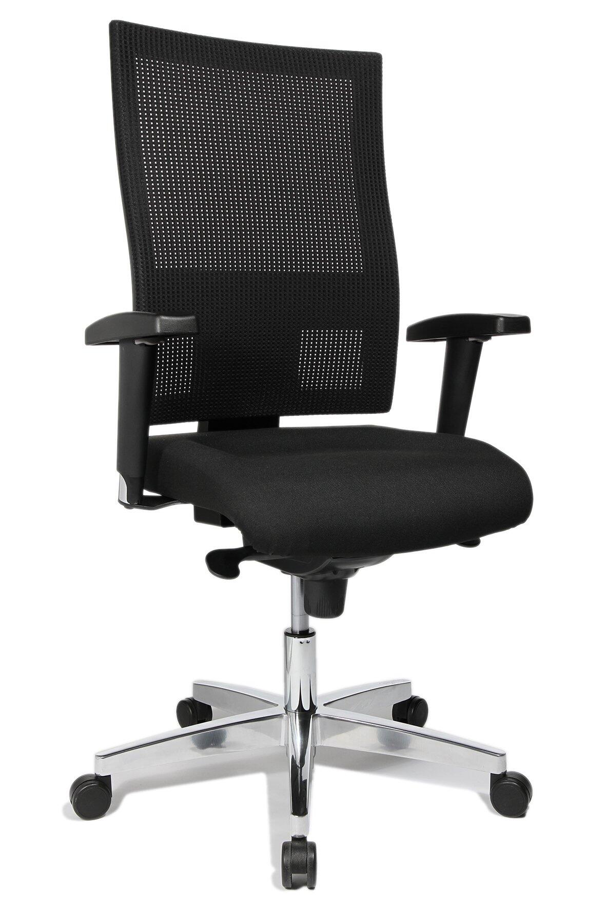 Bürostuhl Sitness Profi 900 mit poliertem Fußkreuz, atmungsaktiver Netzlehne und höhenverstellbaren Armlehnen, dargestellt in einer Detailansicht aus Dreiperspektive.