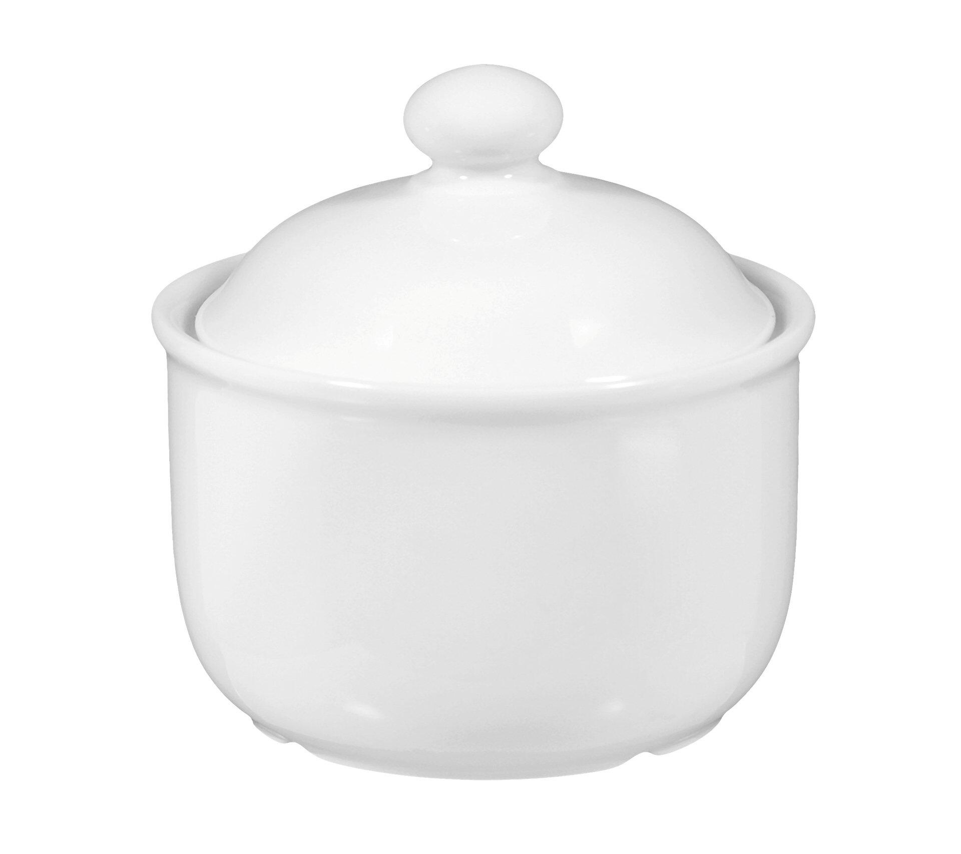 Weiße Compact Zuckerdose mit Deckel aus Keramik, frontale Ansicht, leicht konische Form und glänzender Oberfläche.