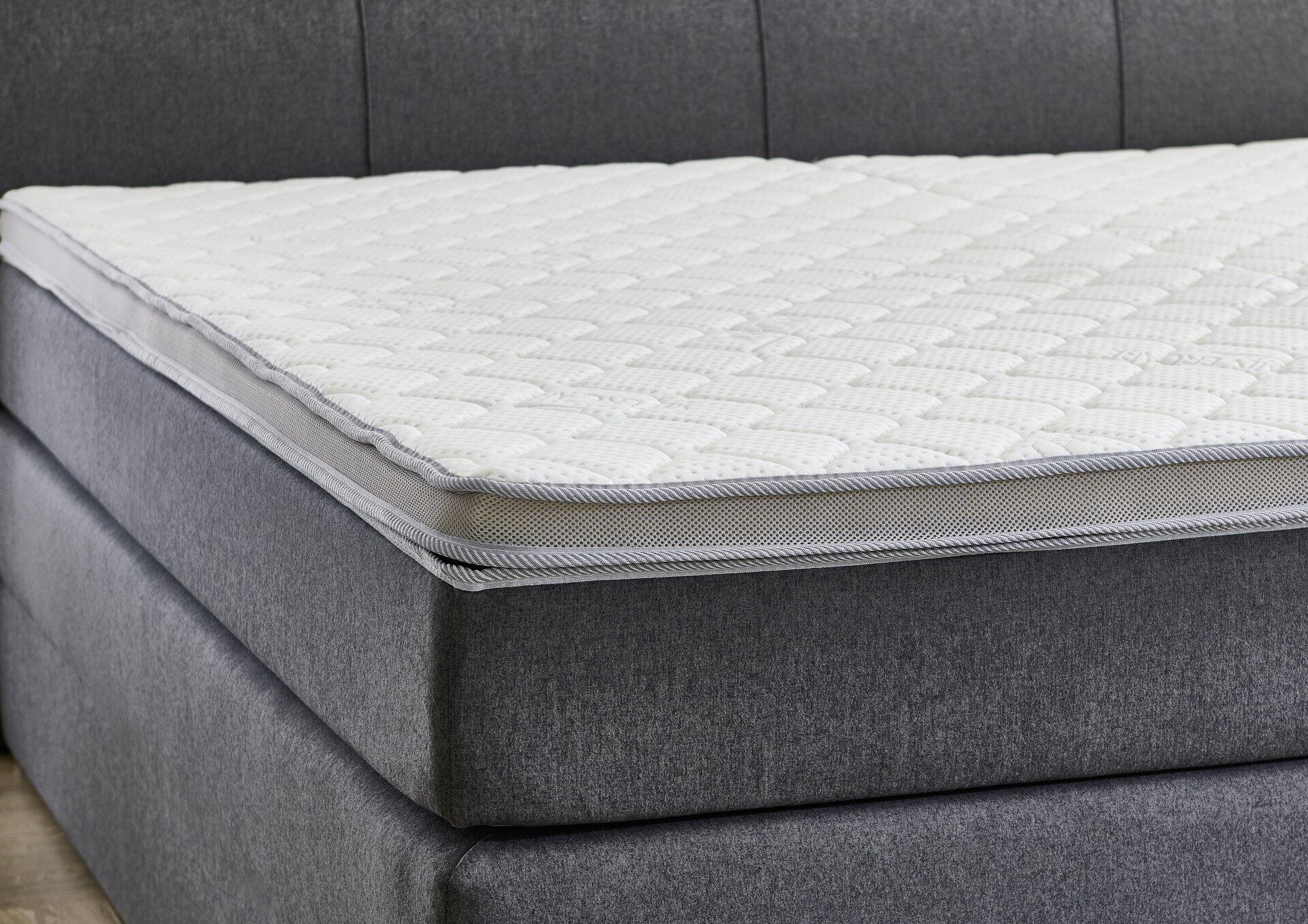 Boxspringbett Modesto BX1440 mit gestepptem Viskoelastik-Topper und geometrischem Muster auf der Bettkante.