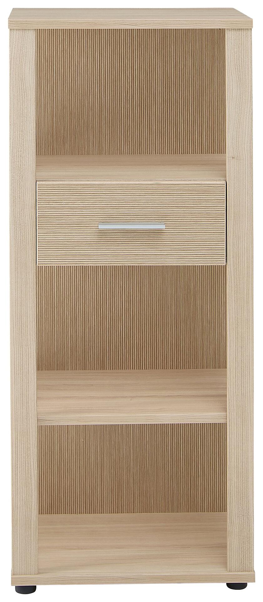 Büroregal Basel-G mit drei offenen Fächern, einem Schubkasten und Lamellendekor-Rückwand, dargestellt in einer Frontansicht mit strukturierter Holzoptik und silbernem Griff.