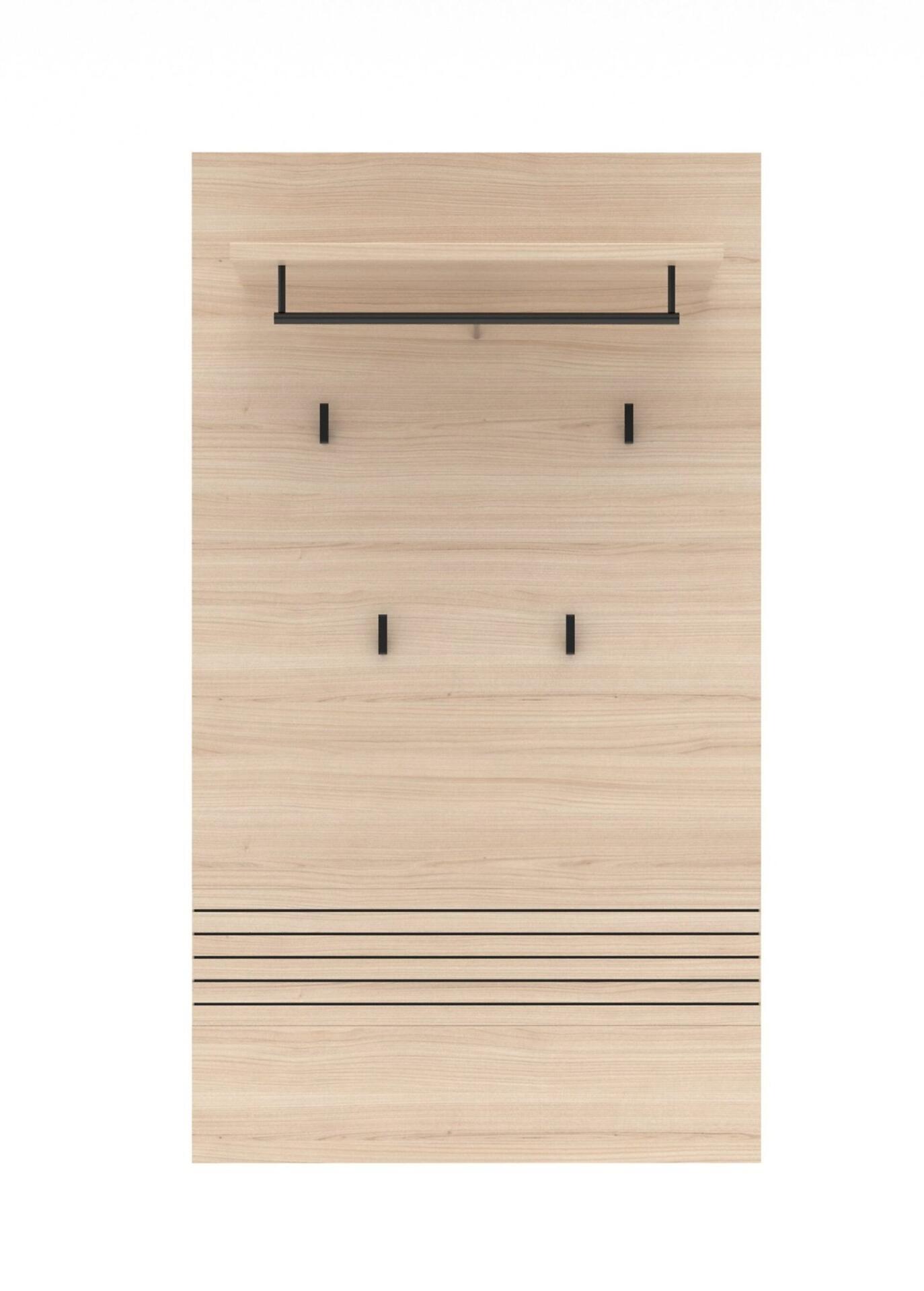 Garderobenpaneel Ina mit Riva Eiche Nb-Furnier, Front in Kaschmir MDF, abschließender Leistenoptik und drei Haken.
