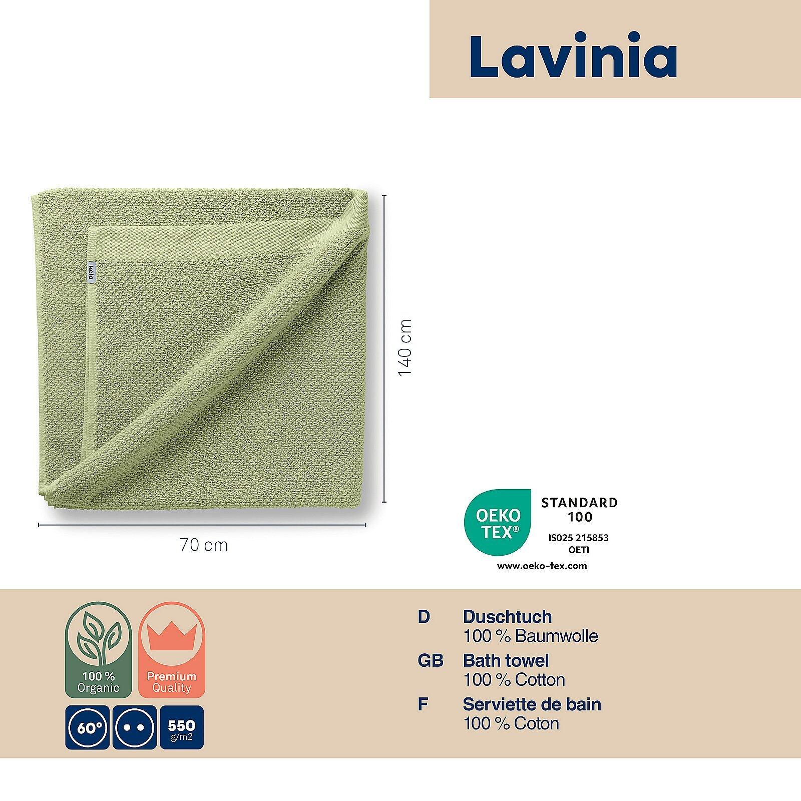 Duschtuch Lavinia, hellgrün gefaltet auf weißem Untergrund, zeigt die Frottee-Textur und die Maße 70x140cm mit Etikett und Gütesiegel.