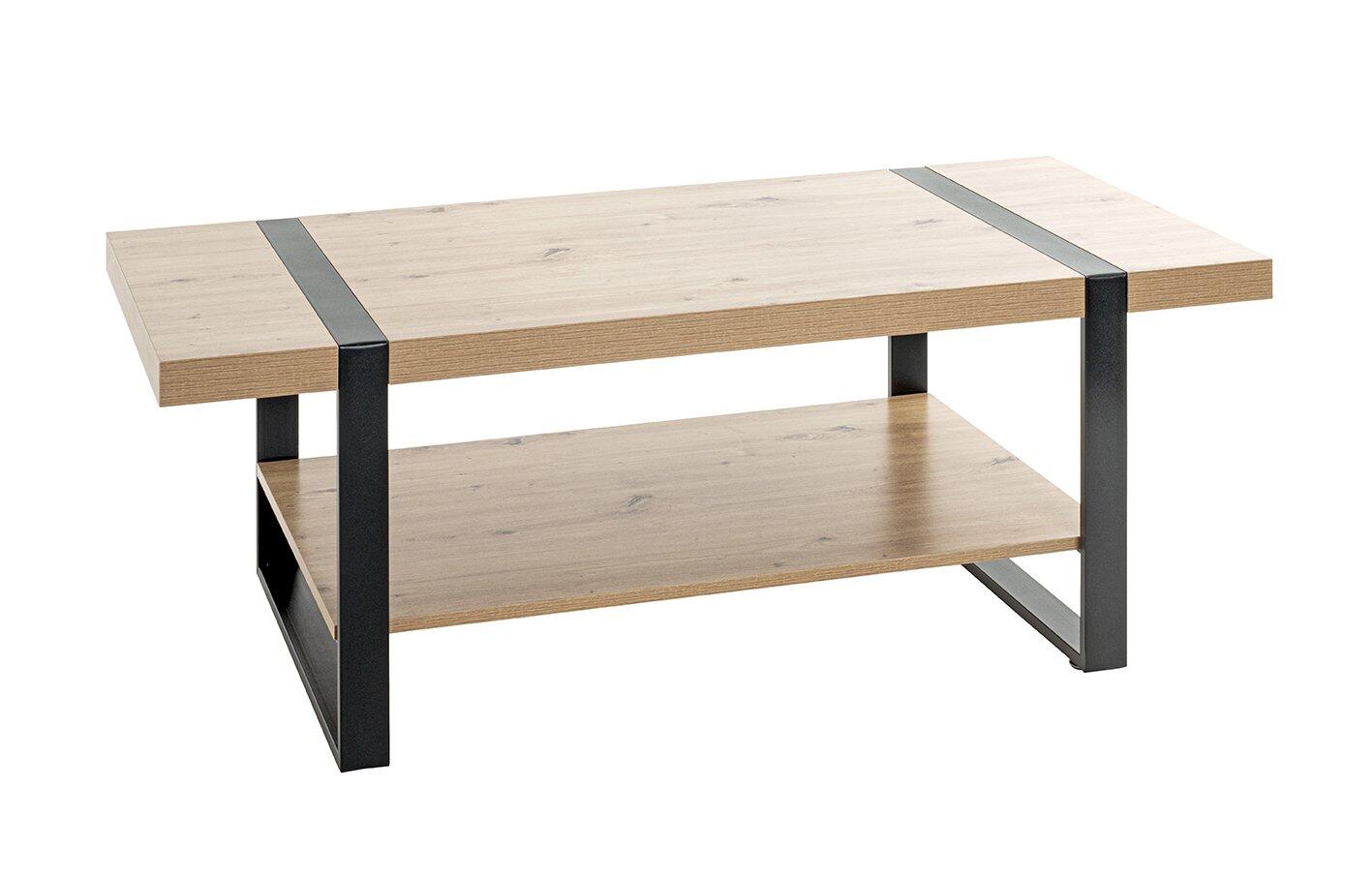 Couchtisch 25499 mit schwarzem Stahlrohrgestell, hellem Eiche Dekor, horizontaler Kantenleiste und zusätzlicher Ablagefläche, seitliche Perspektive.