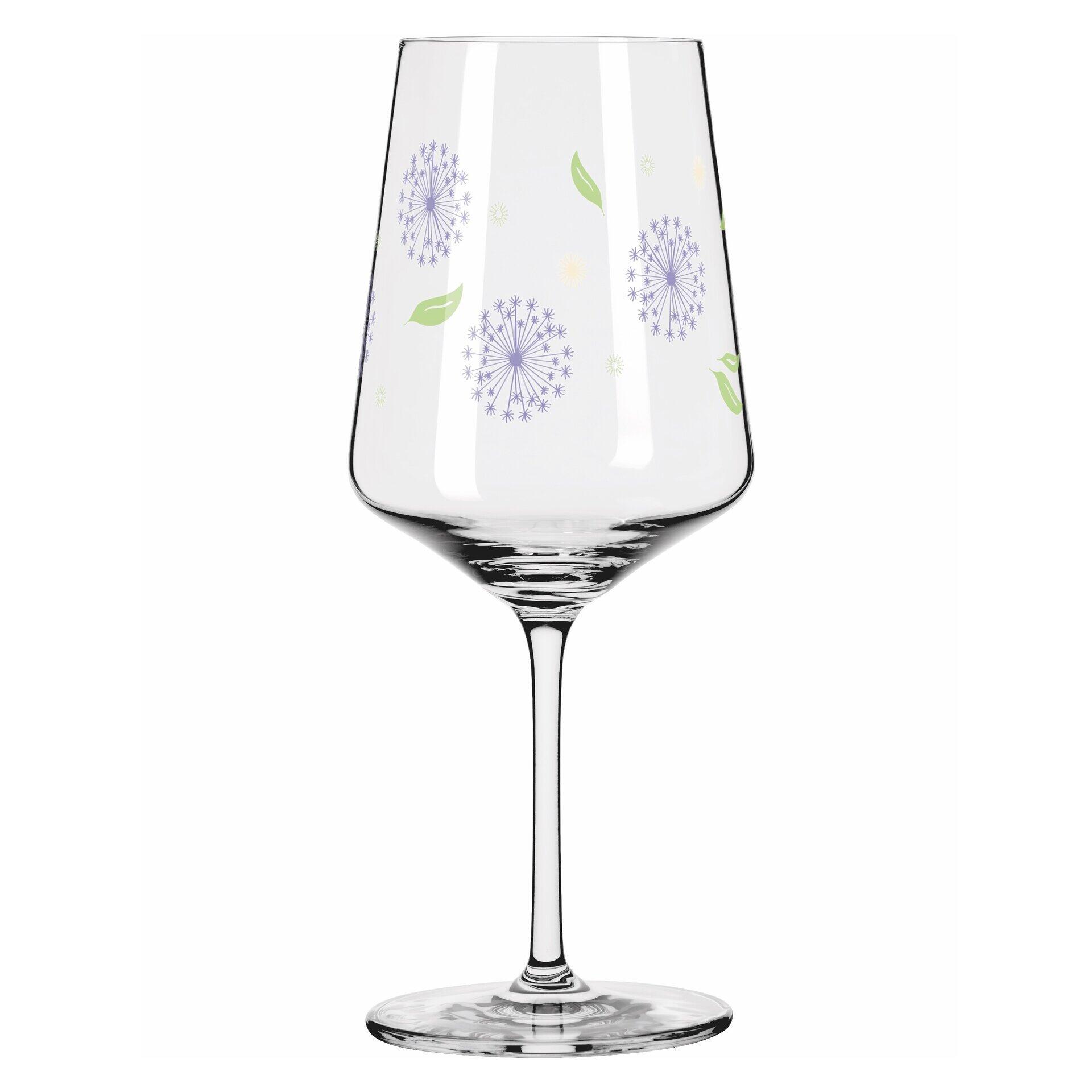 Aperitifglas mit floralem Dekor in Hellblau und Grün, Teil eines 4-teiligen Sets, frontale Ansicht.