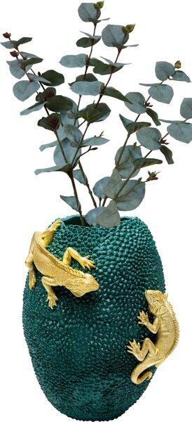 Vase Chameleon Jack Fruit aus Polyresin mit goldfarbenen Echsenapplikationen und Eukalyptuszweig, Vogelperspektive.