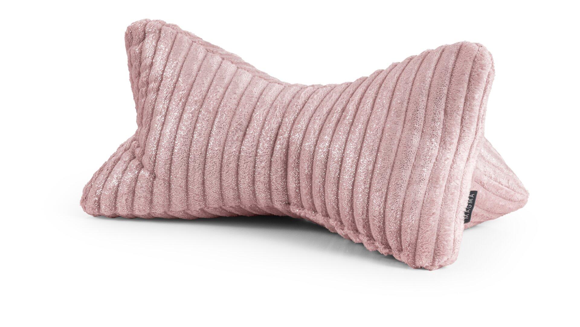 Leseknochen Silencio Nackenkissen mit ergonomischer Form und vertikalem Samt-Cordmuster in rosa-lila Farbe.
