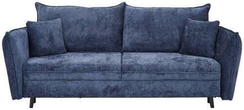 Dunkelblaues Sofa Santana in Frontalperspektive mit breiten Armlehnen, hoher Rückenlehne und drei Zierkissen, sowie konischen Füßen in Schwarz.