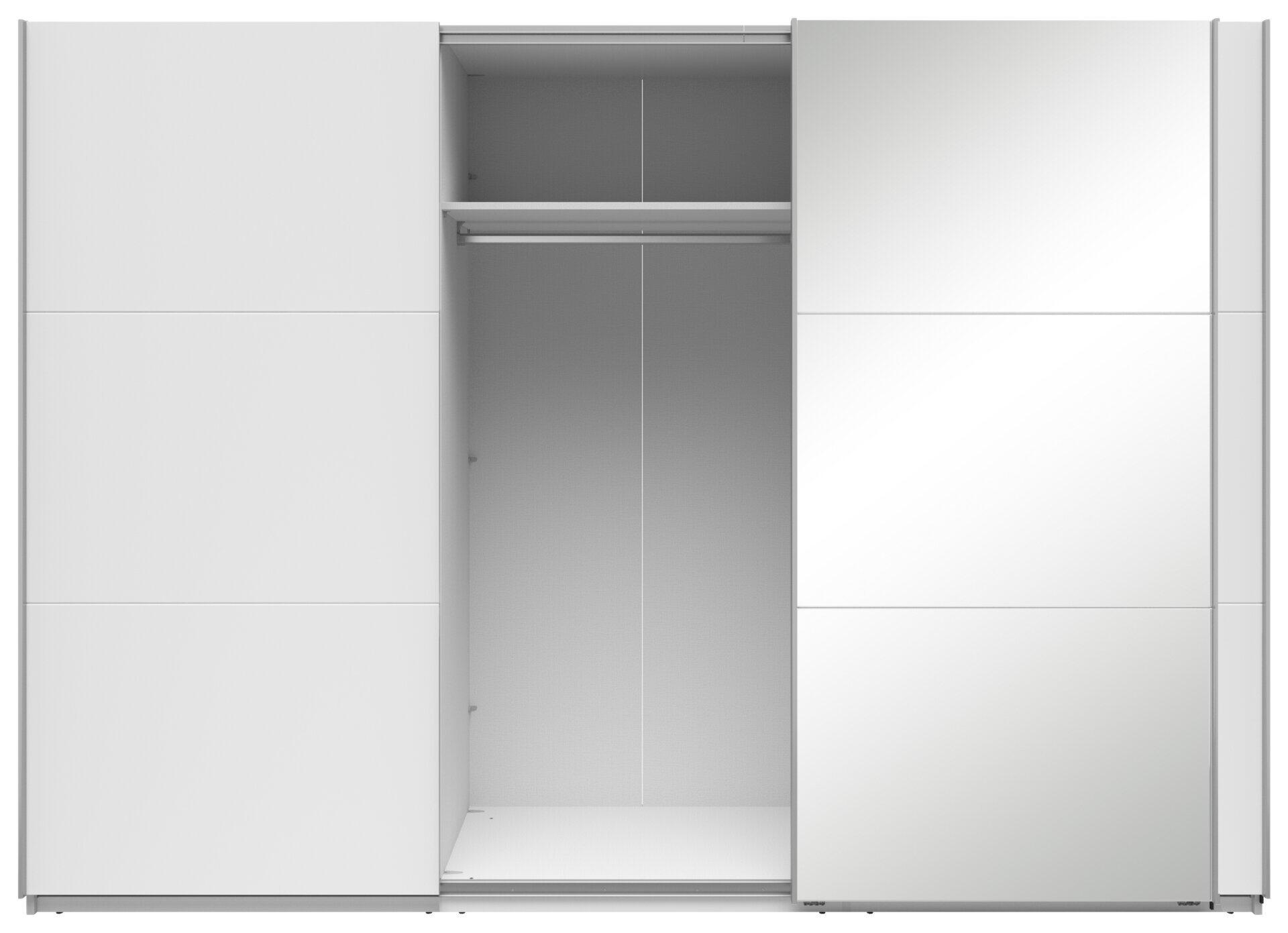 Weißer Schwebetürenschrank Neo mit Spiegelglas-Fronten und schwarzem Kunststoffsockel, gezeigt aus Frontalperspektive mit geöffneter Tür, die den Innenraum mit Regalboden und Kleiderstange zeigt.