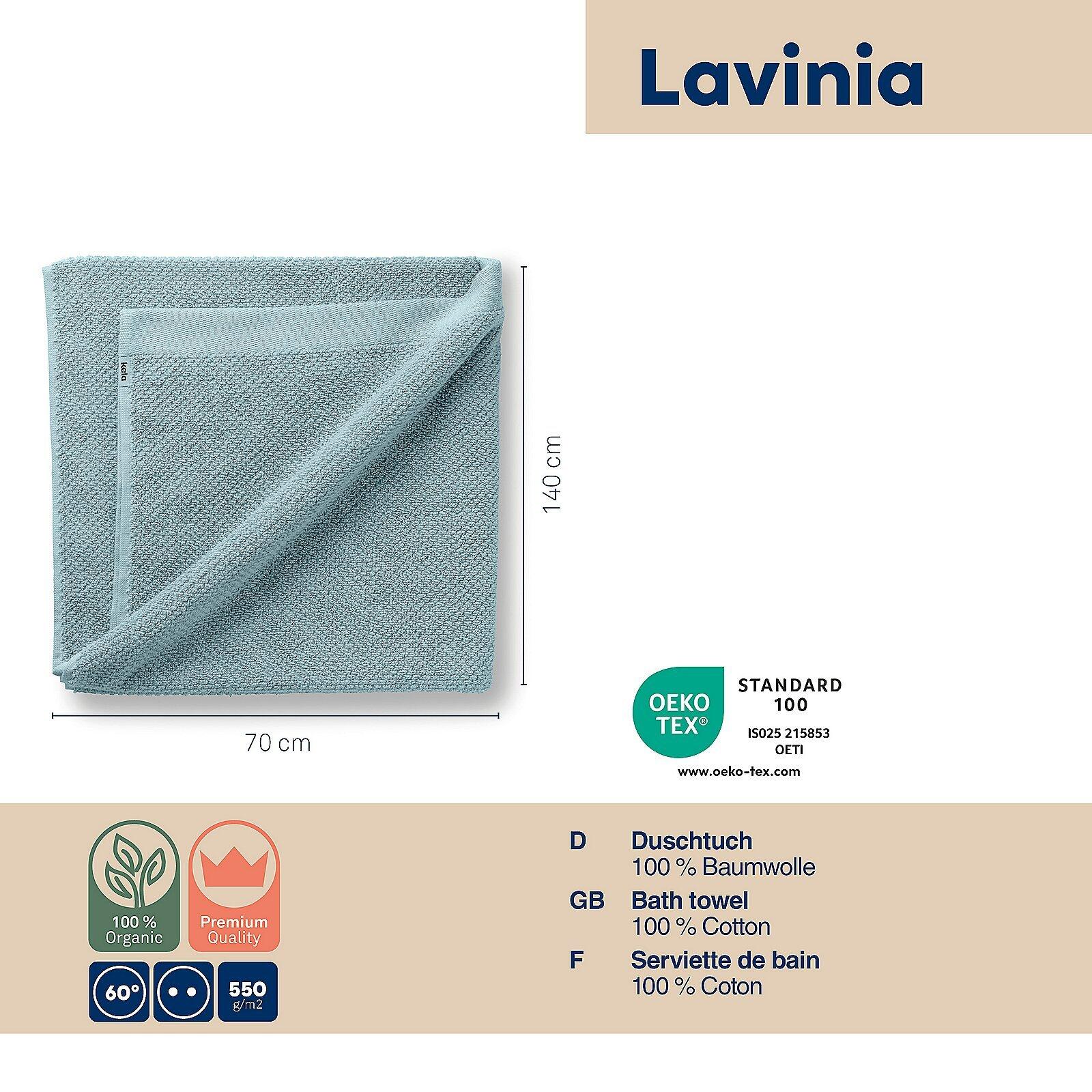 Gefaltetes hellblaues Duschtuch Lavinia aus Baumwolle mit den Maßen 70x140 cm, Blick von oben, mit Öko-Tex Standard 100 Label und Angaben zu Bio-, Premium-Qualität und Gewicht.