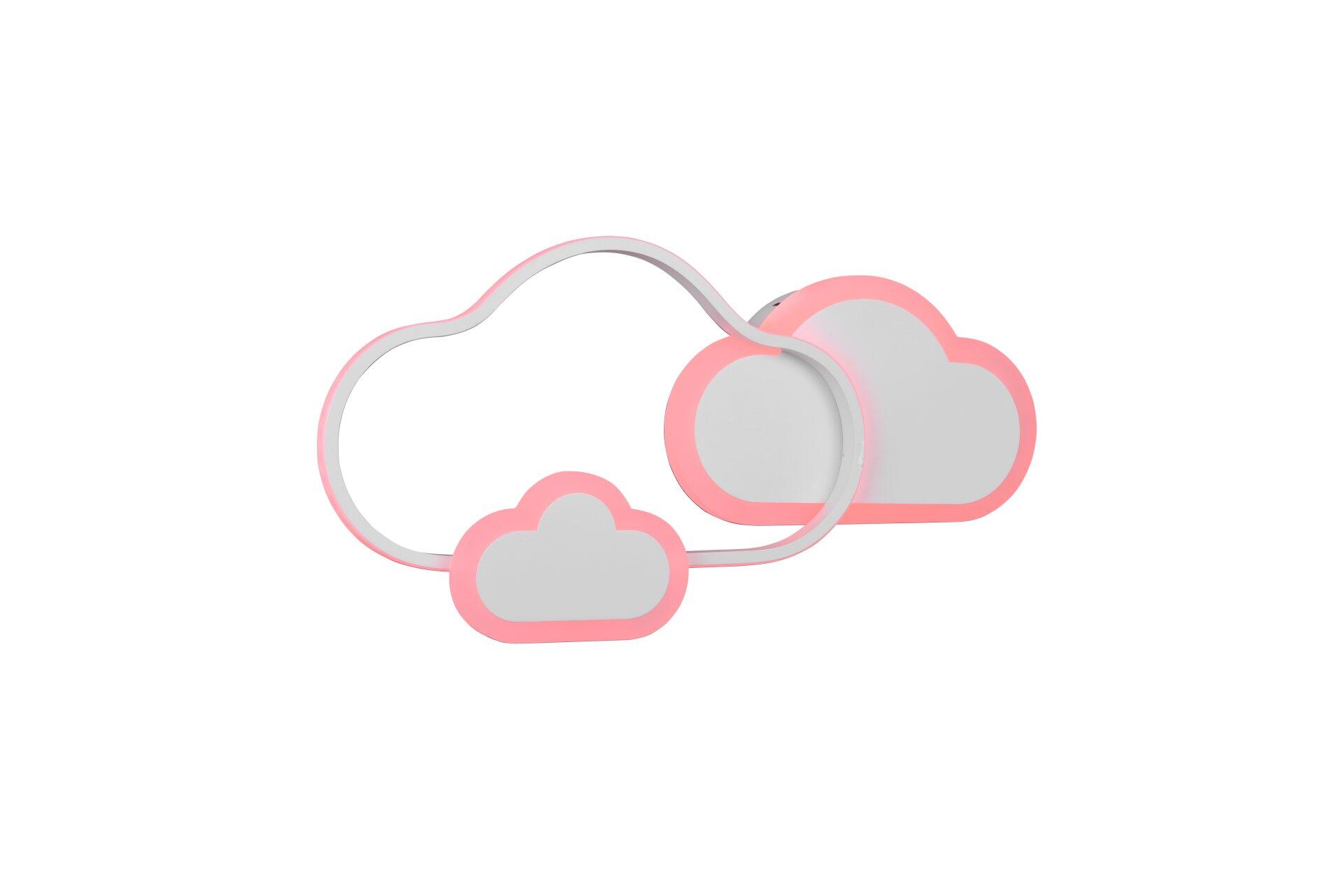 Deckenleuchte Cloudy in Wolkenform aus der Vogelperspektive mit drei Elementen, hellgrauem Kern und pinkfarbenem Rahmen, befestigt an einem gebogenen Wandträger.
