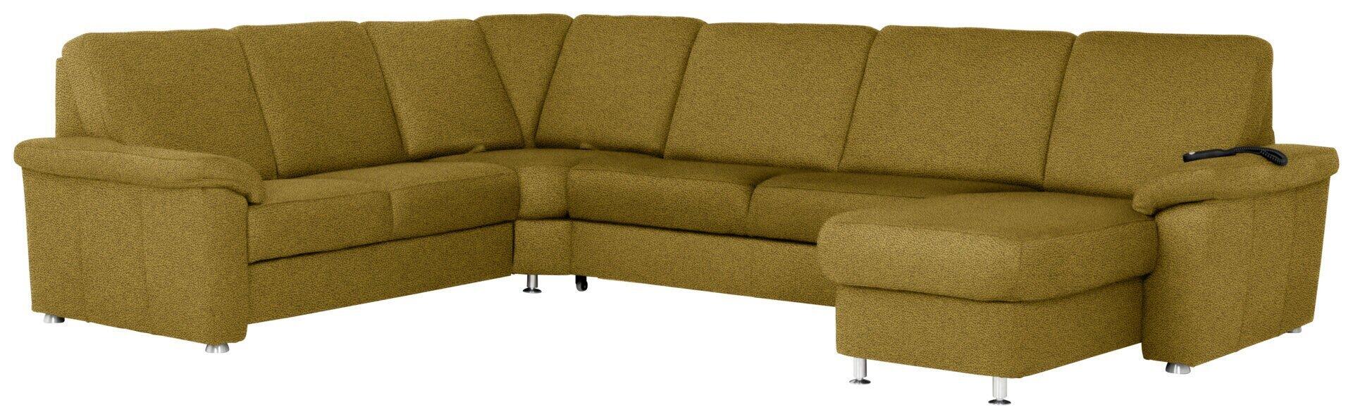 Ecksofa Tyron in Olivgrün mit abgerundeter Form, Federkern-Sitz, hochgeklapptem Armteil mit Bedienelement zur Steuerung der Schlaffunktion und silberfarbenen Füßen.