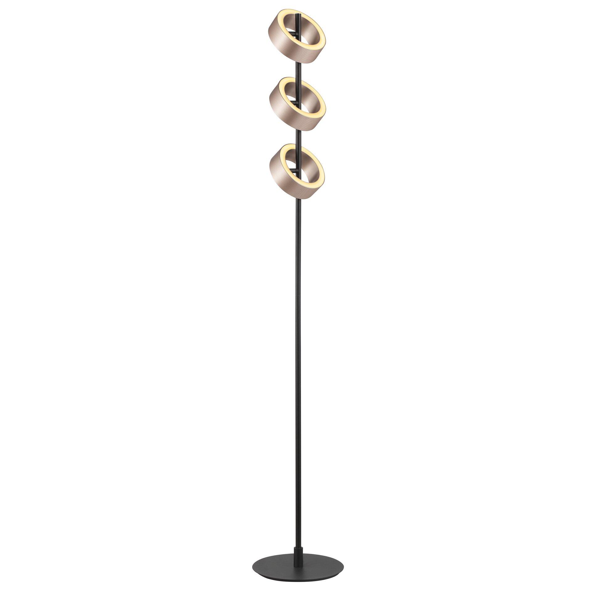 Standleuchte Axion mit drei schwenkbaren, goldfarbenen Leuchtenköpfen und Touchdimmer, dargestellt in einer Frontalperspektive.