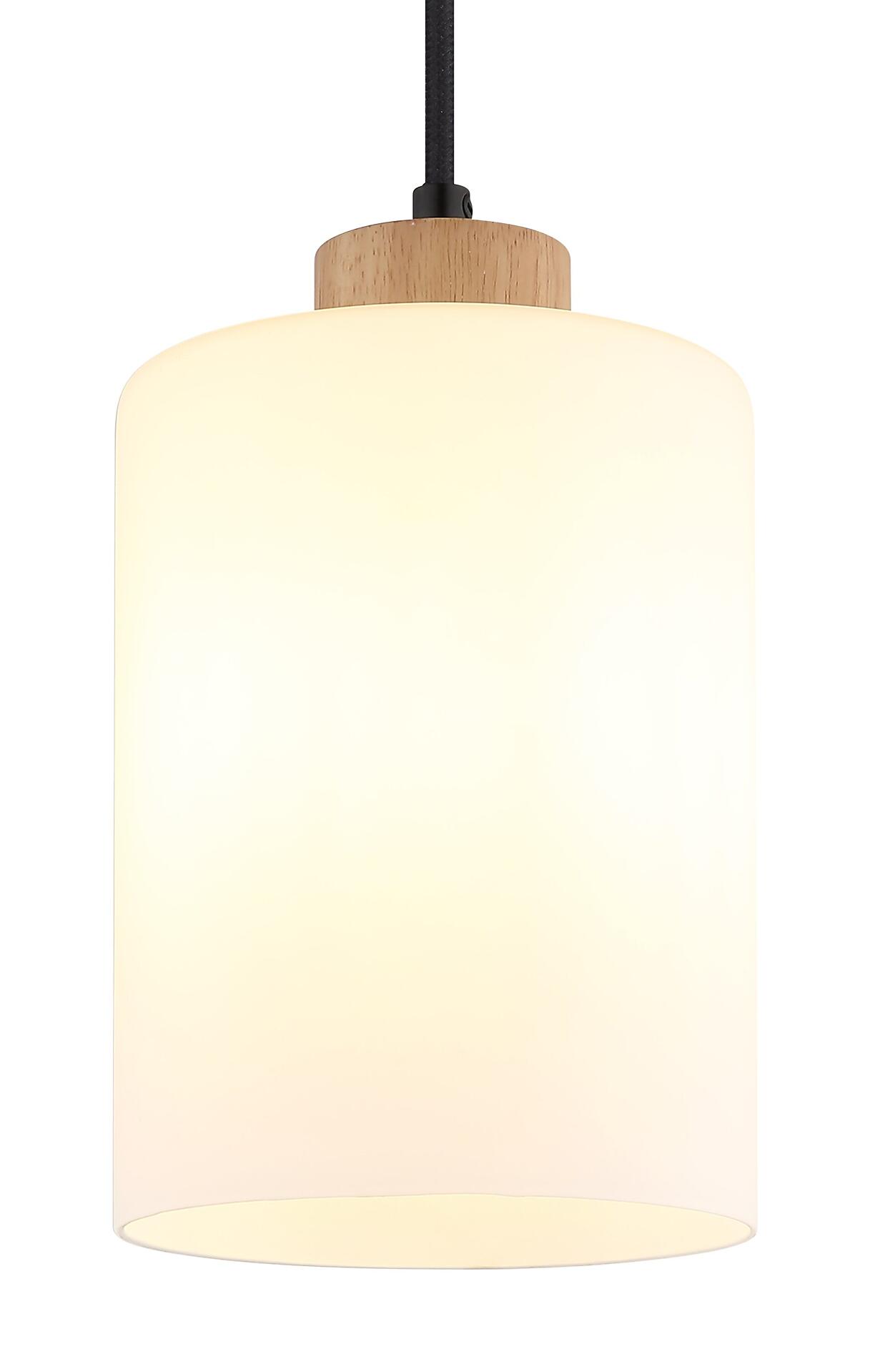 Hängeleuchte ROWENA mit zylindrischem, weißem Glasschirm, Holzrahmen und verstellbarer Höhe.
