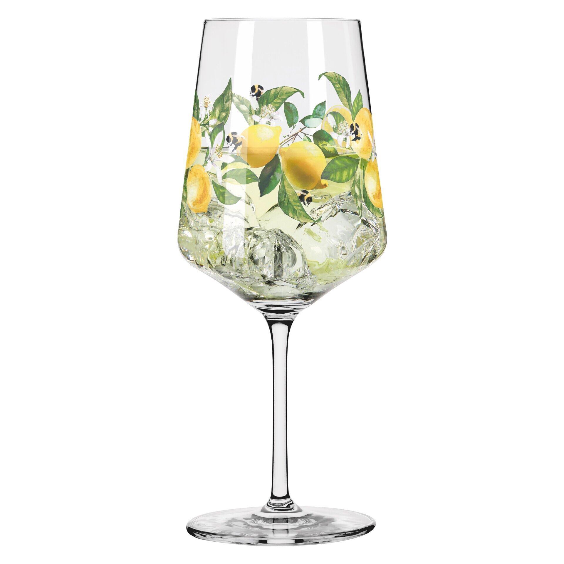 Aperitifglas mit floralem Dekor aus Zitronen und Bienen, detaillierte Seitenansicht des stilisierten Glases mit langem Stiel und konischem Kelch.