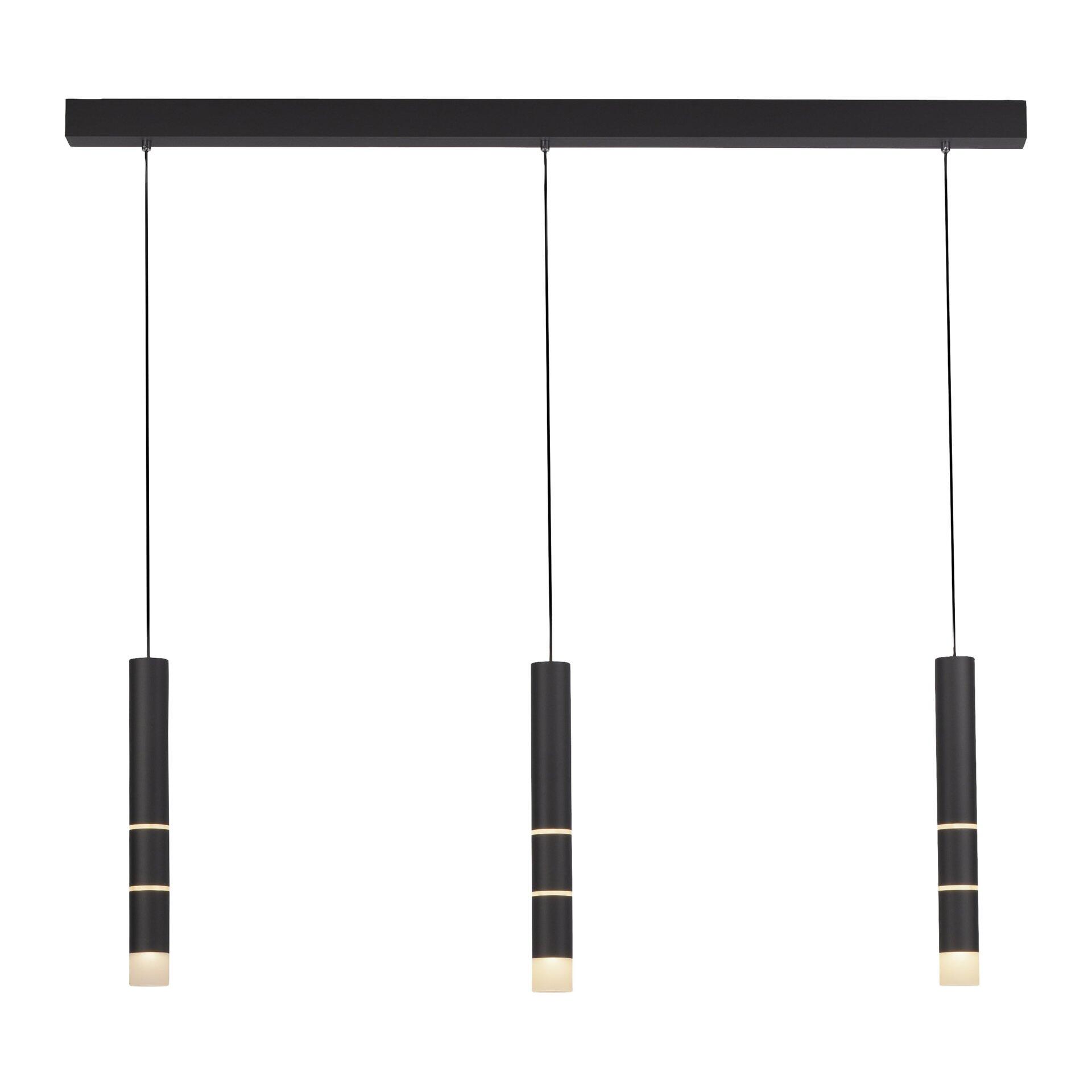 Drei Pendelleuchten der Modellreihe Pure Vega mit zylindrischer Form und goldenem Akzentband hängen in gerader Linie, wobei die getrennt schaltbaren LEDs warmes Licht nach unten abgeben.