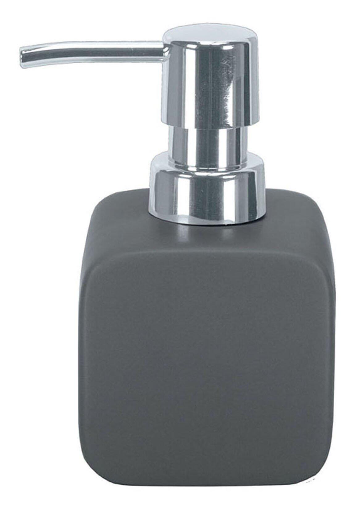 Seifenspender Cubic: Graue, quadratische Seifenspenderflasche mit silberfarbener Pumpe zur einfachen Dosierung.