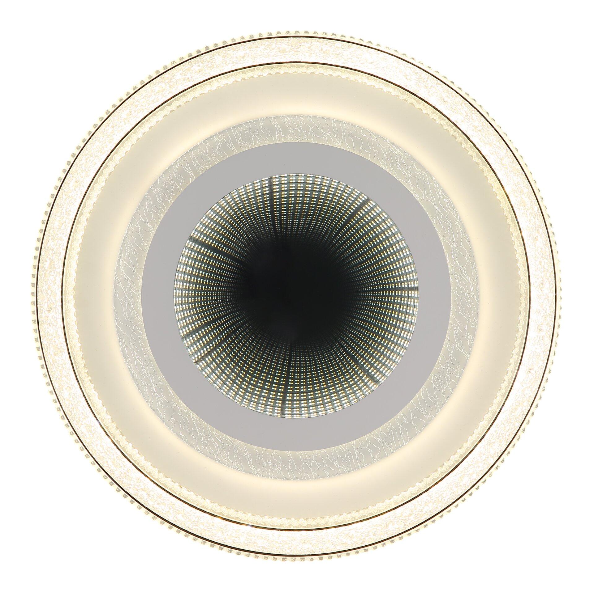 Deckenleuchte 48557-48W aus Vogelperspektive mit goldfarbenen, reliefartigen Ringen, silberfarbenen Zwischenringen und einer innenliegenden Struktur, die durch LED-Beleuchtung hervorgehoben wird.