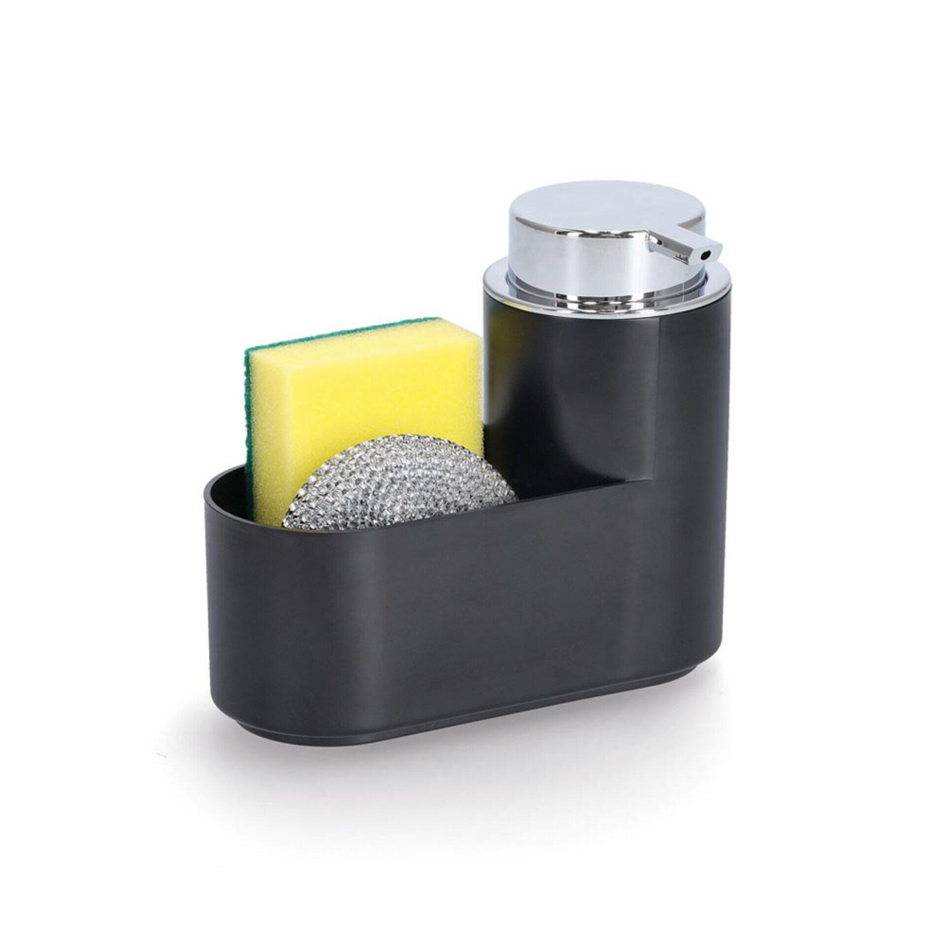 Spülschrubber-Set mit gelbem Schwamm, silberfarbenem Scheuerschwamm und Spender für Spülmittel in Dreiviertelperspektive.