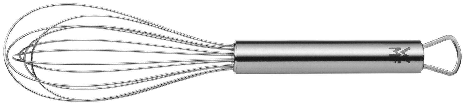 WMF Schneebesen Profi Plus: Seitansicht eines Schneebesens mit silbernem Griff, Aufhänge-Loop und fächerförmig nach außen gebogenen Drahtspiralen.