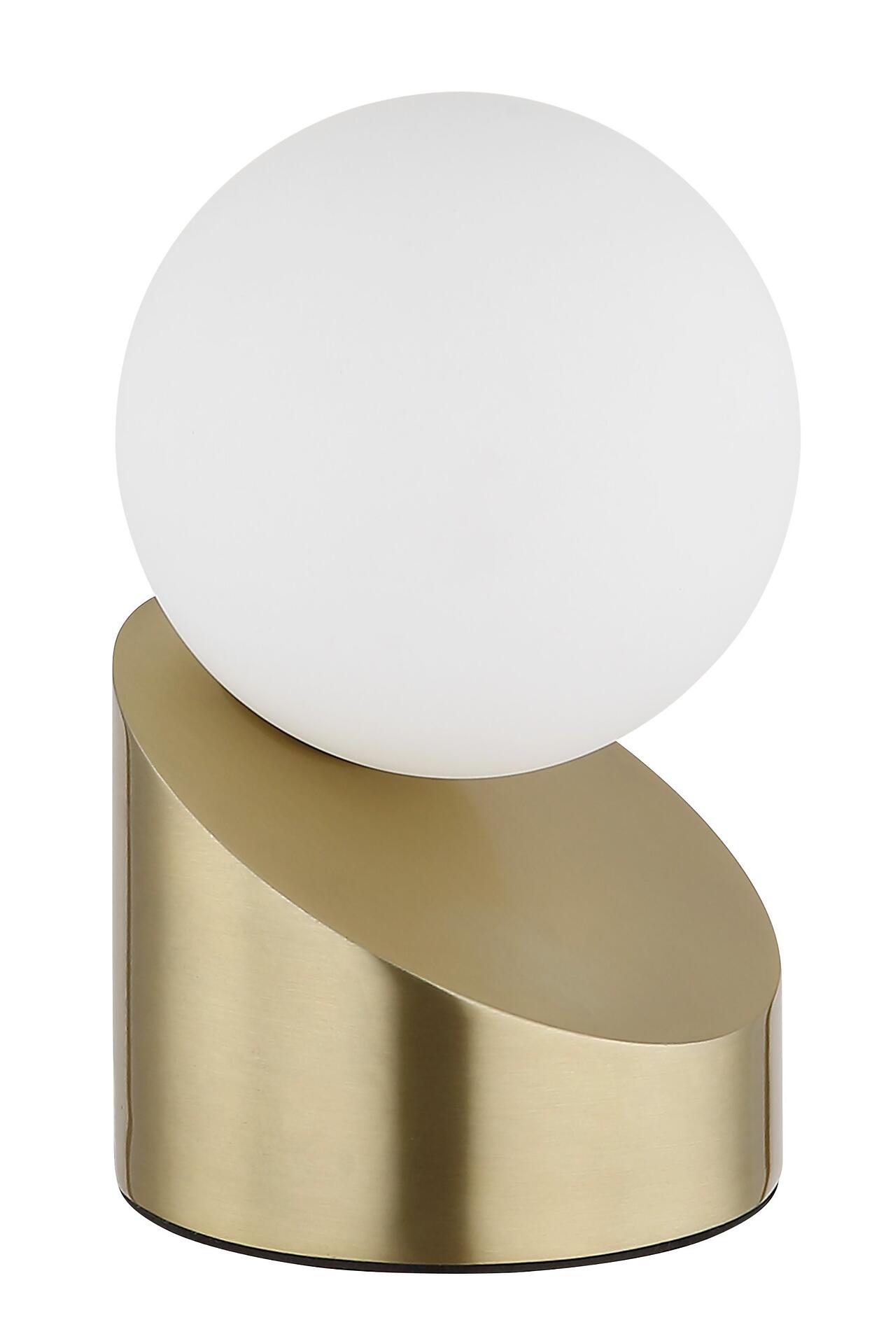 Tischleuchte ALISA mit messingfarbenem Sockel und weißer Glaskugel für diffuses, warmweißes Licht per Touch-Funktion.