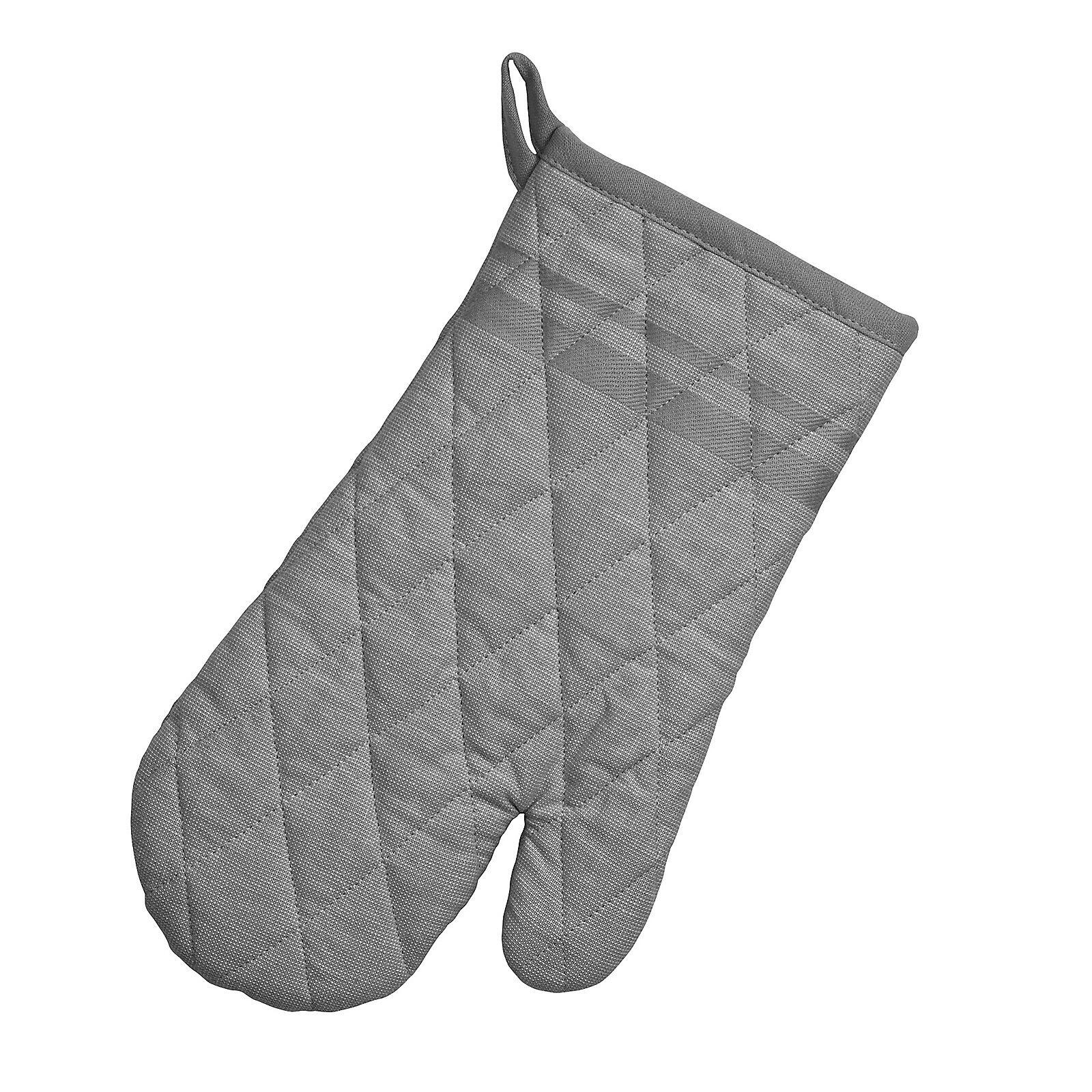 Grauer Topfhandschuh "Tia" mit gestepptem Rautenmuster und Aufhängeschlaufe, aus schräger Perspektive detailreich abgebildet.