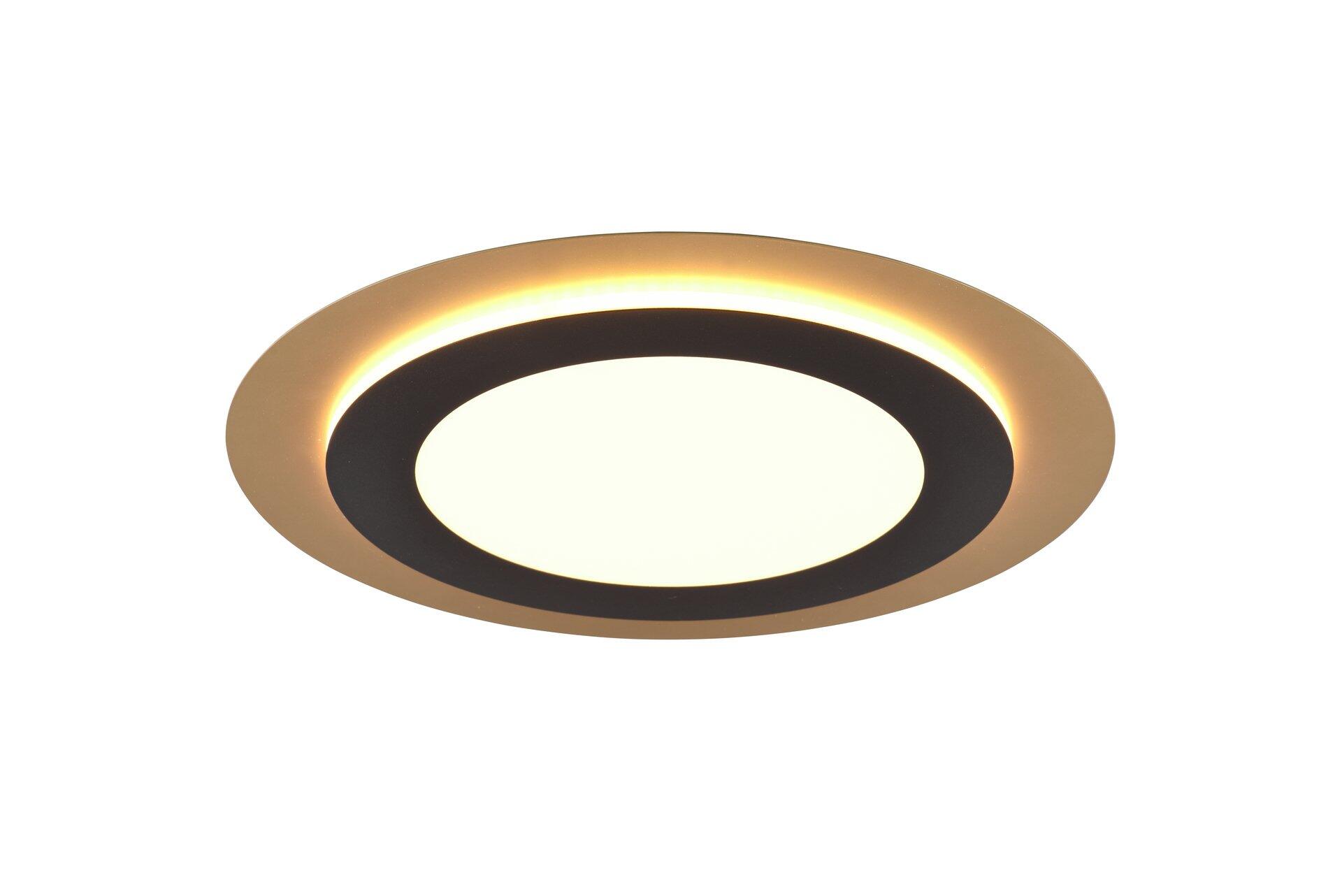 Deckenleuchte Morgan mit goldenem Rahmen und einstellbarer Lichtfarbe, dargestellt in Frontalperspektive.