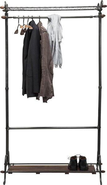 Garderobe Cosmopolitan (13-teilig) mit schwarzem Stahlrahmen, dekorativen Holzapplikationen, zwei Kleiderstangen mit Haken und einer Schuhablage.