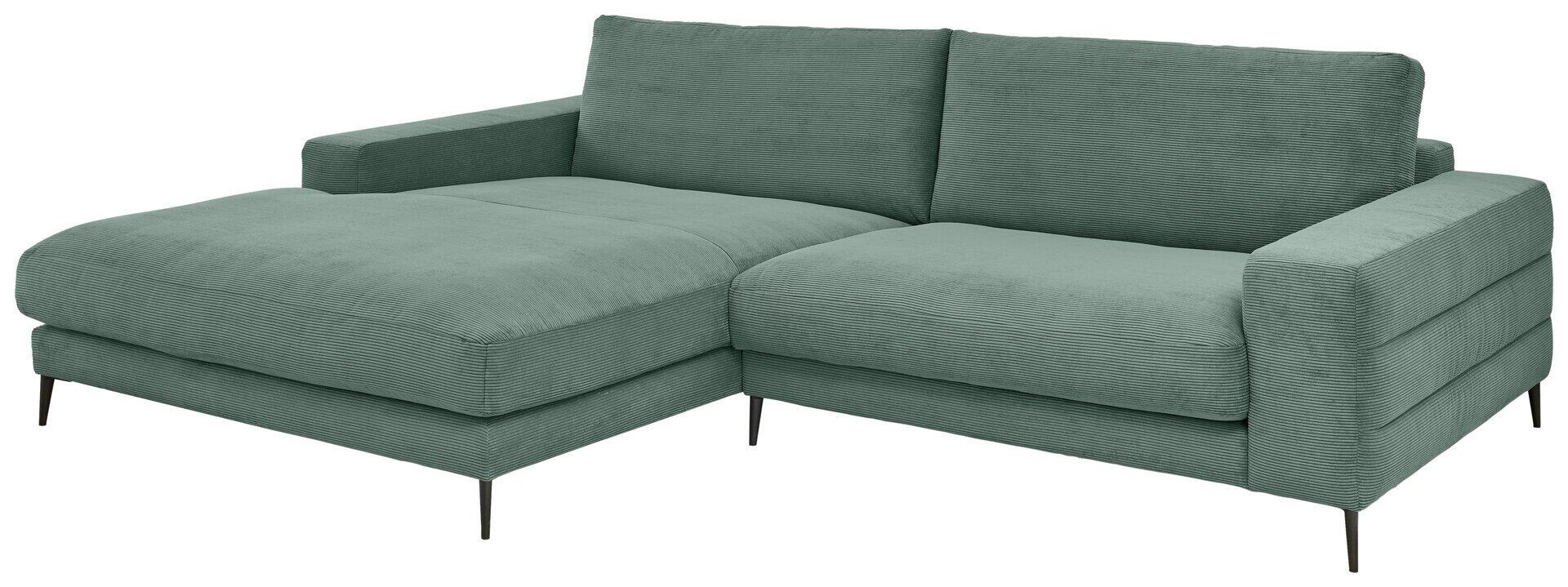 Ecksofa Badia Base 2.0 in Hellgrün mit schmalen, schwarzen Metallfüßen und integrierbarer Schlaffunktion durch anhebende Sitzfläche.