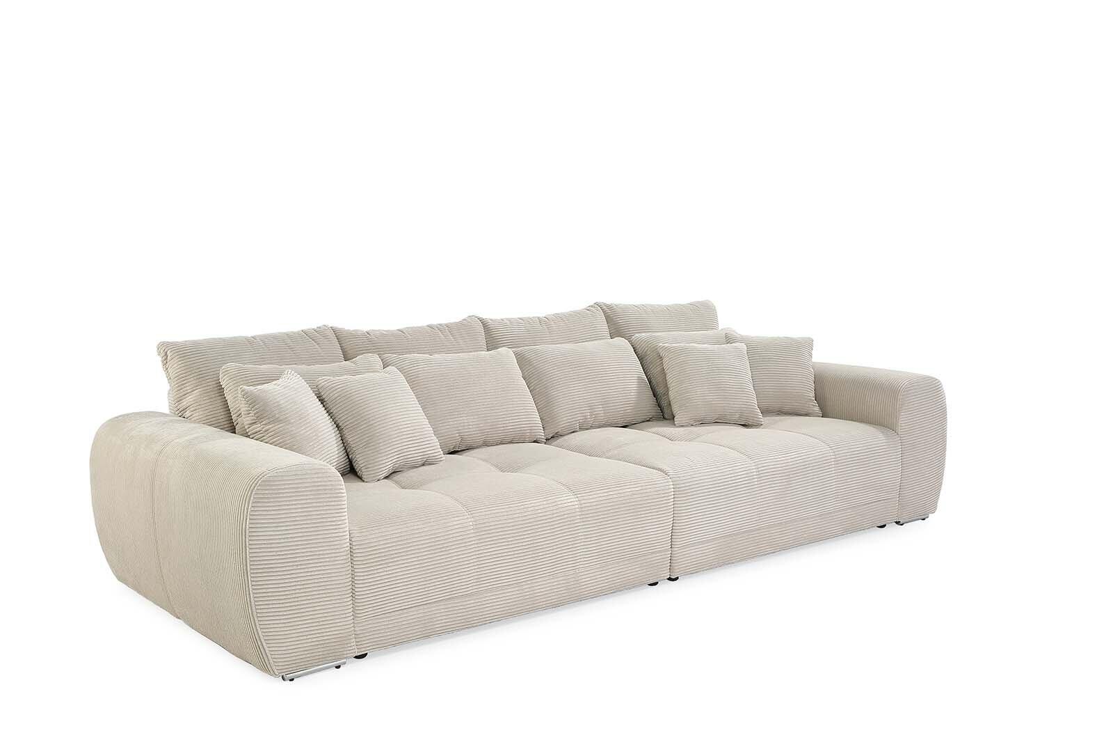 Big Sofa Moldau: Große Eckcouch in Cord light greige mit chromfarbenen Füßen und Federkernpolsterung, aus leicht erhöhter Frontansicht.