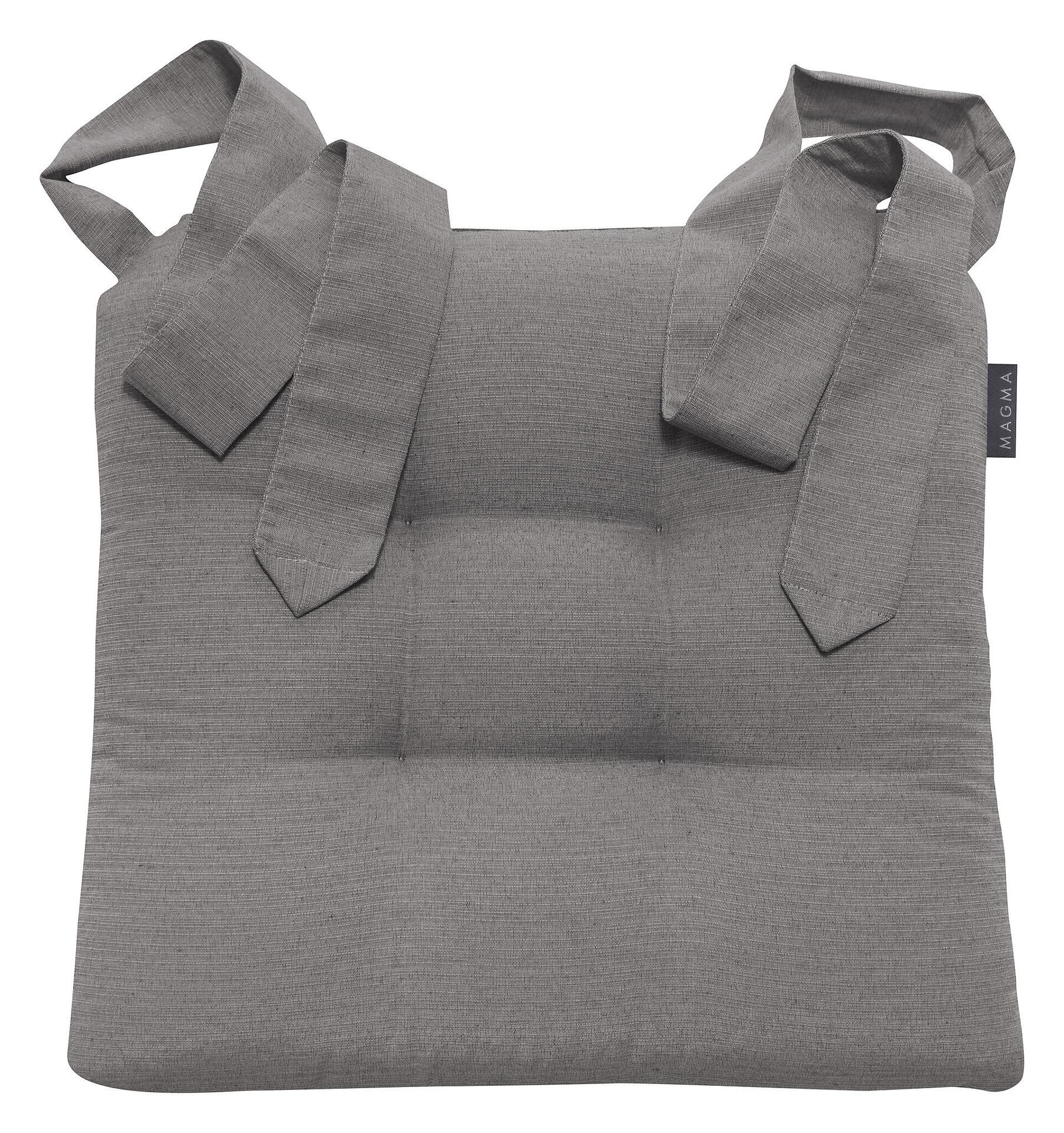 Graues Stuhlkissen Form 37, Fino mit strukturierter Oberfläche, Bindebändern und Detailaufnahme der Stofftextur.