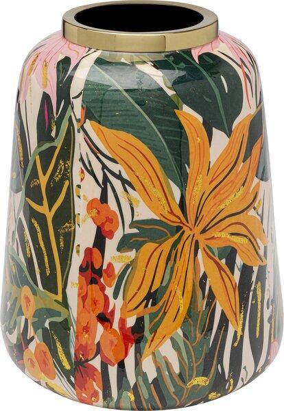 Vase Jungle, dekorative Stahlvase mit konischer Form und farbenfrohem, illustrativen Design aus stilisierten Blättern, Blüten, Beeren und goldenen Akzenten, mit goldener Metallkante am oberen Rand.