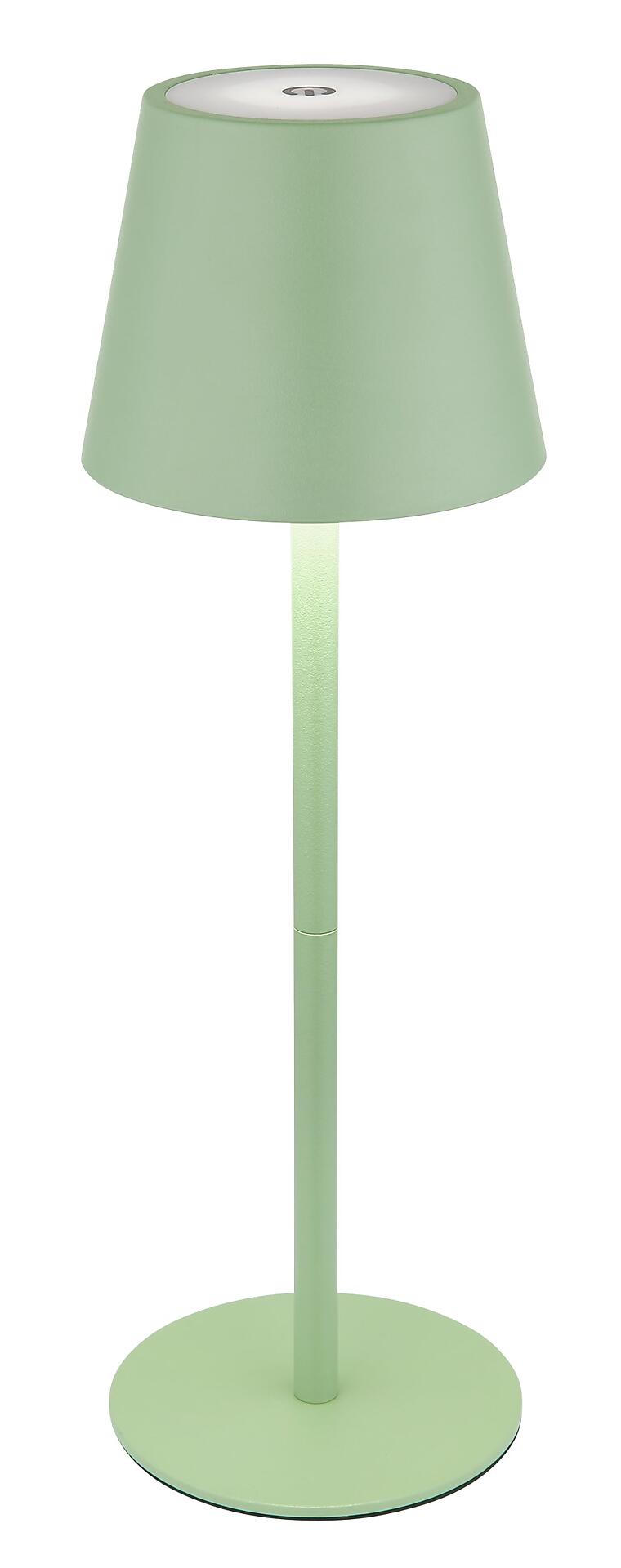 Moderne Tischleuchte VANNIE I mit hellem Grünton, Touchdimmer und konischem Lampenschirm, frontal aufgenommen, um die Steuerung und das Design hervorzuheben.