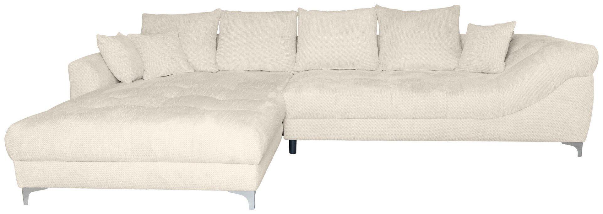 Manhatan Ecksofa mit chromfarbenen Metallfüßen und geschwungenen Rückenlehnen, aus erhöhter Perspektive zur Darstellung der Gesamtmaße und der komfortablen Liegefläche im Eckbereich.