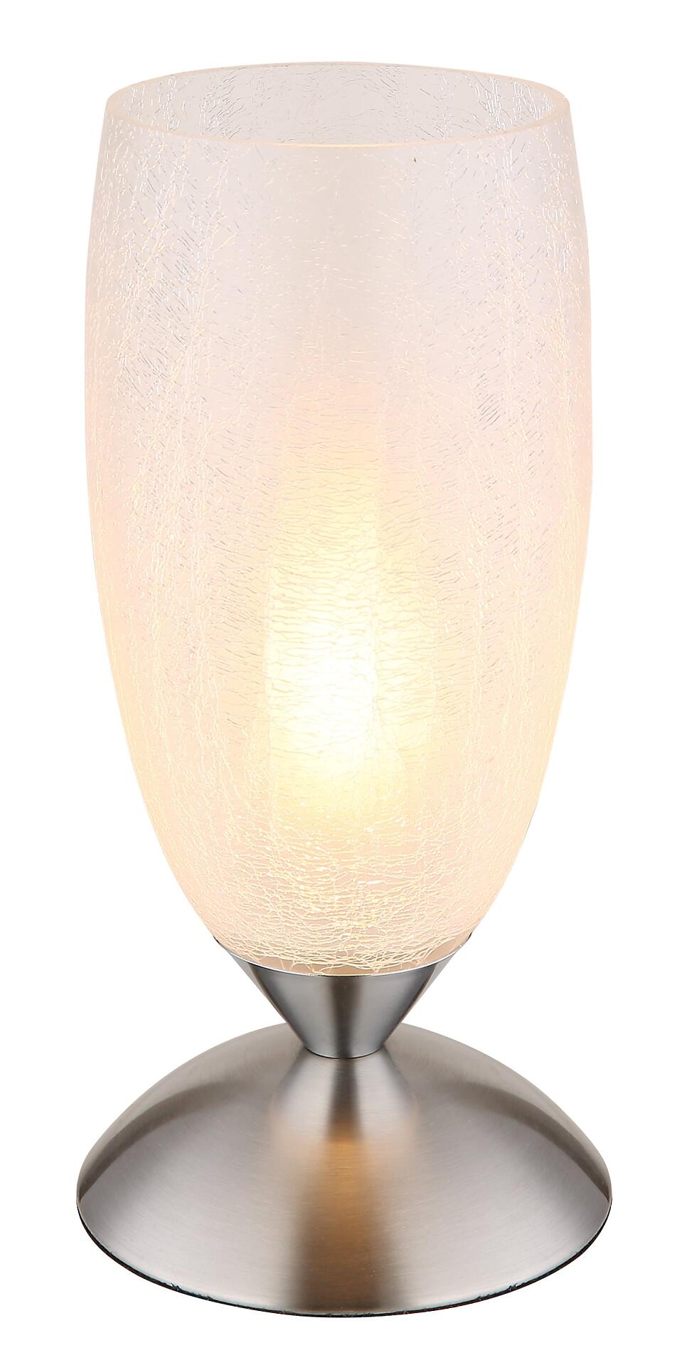 Tischleuchte AURIGA mit tropfenförmigem, strukturiertem Glas-crackle-Schirm und Touchschalter, dargestellt in einer frontalen Perspektive.