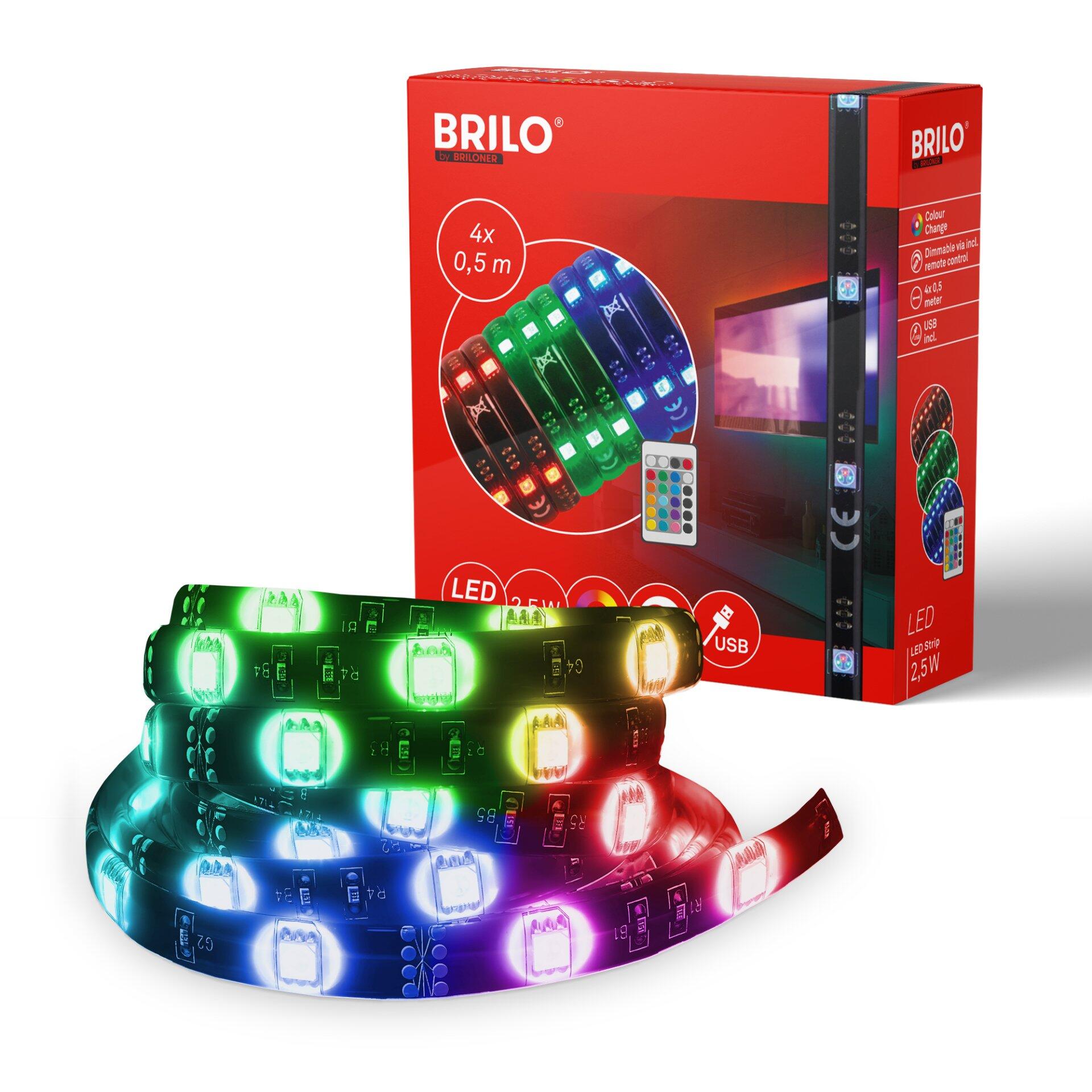 LED Band BRILO mit Lila-Farbton, USB-Anschluss und Fernbedienung zur Dimmung, dargestellt mit Funktionsmarkierungen "4x 0,5m" und "dimmbar über Fernbedienung".