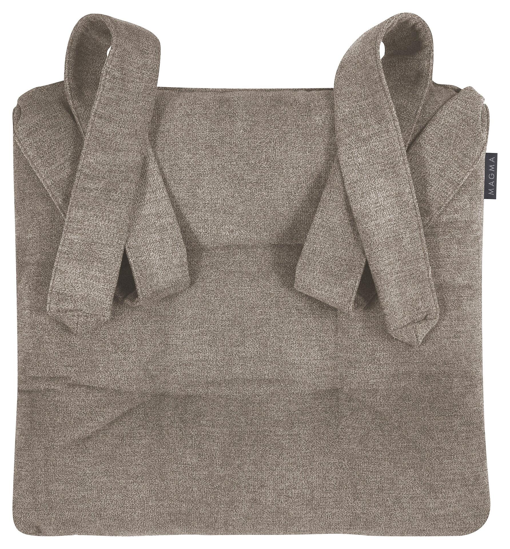 Stuhlkissen Form 37, Alfa: Uni braunes Stuhlkissen aus Velour mit Bindebändern und Steppung, dargestellt in einer Detailaufnahme von vorne.