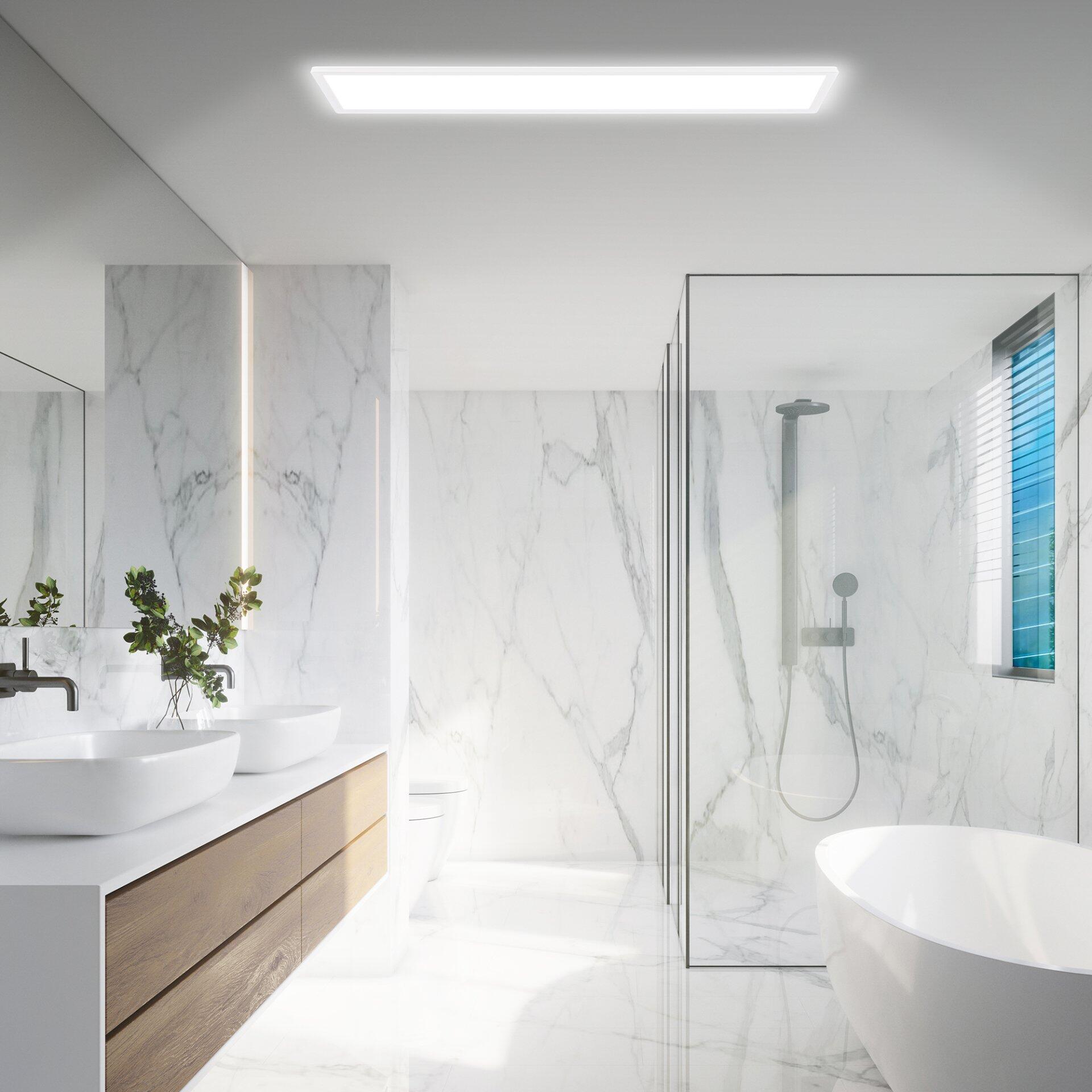 Panel, Move – LED-Badezimmerschrank mit zwei Waschbecken und integrierter Beleuchtung, aus schräger Perspektive aufgenommen.