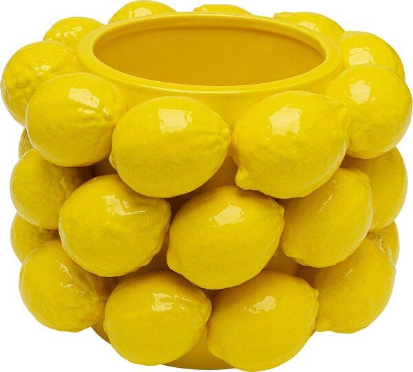Gelbe, handgefertigte Vase Lemon Juice 19cm mit stilisierten, erhabenen Zitronenmuster aus der Vogelperspektive.