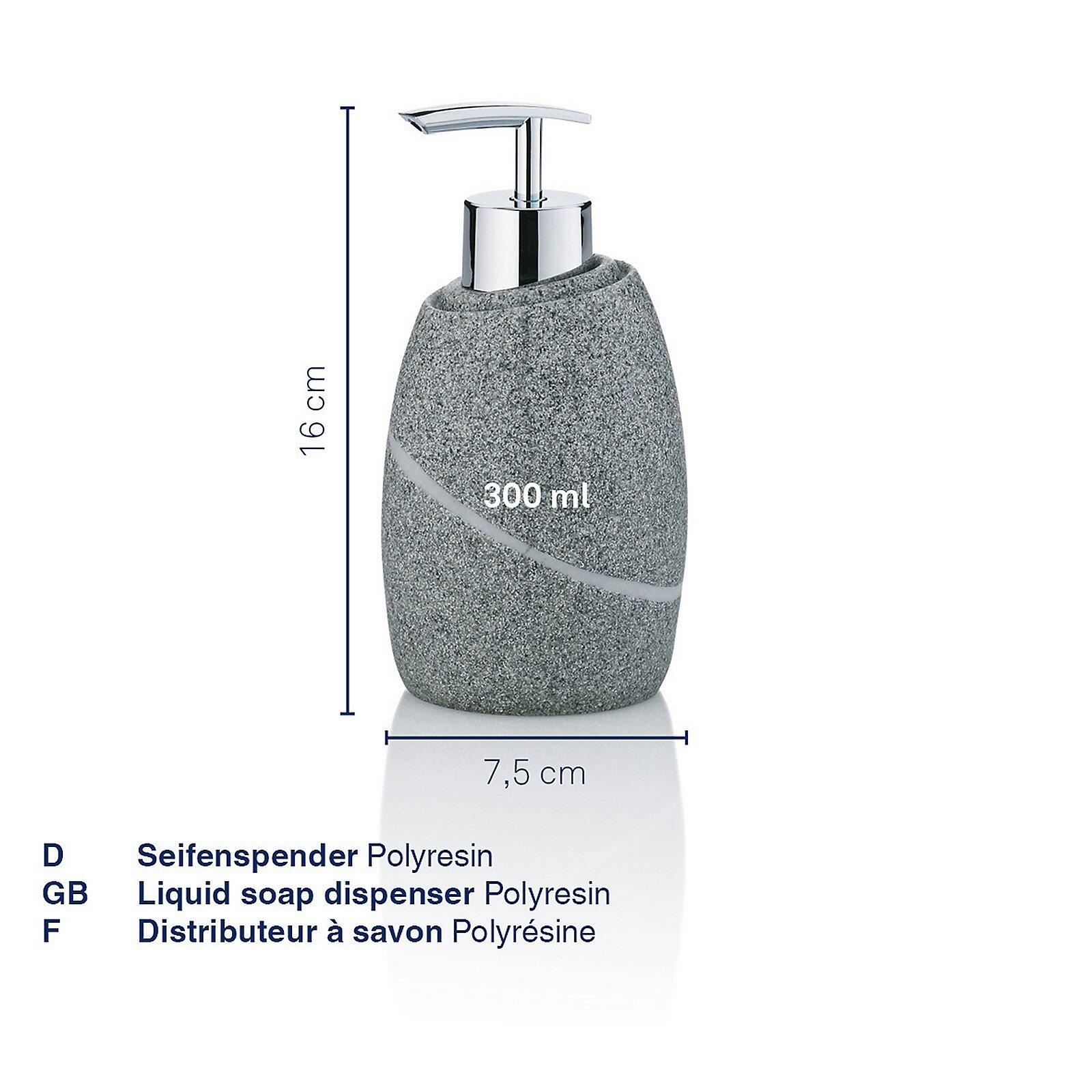 Seifenspender Talus mit vertikaler Streifenstruktur aus grau-schwarzem Steinimitat und silbernem Pumpkopf, Fassungsvermögen 300 ml.