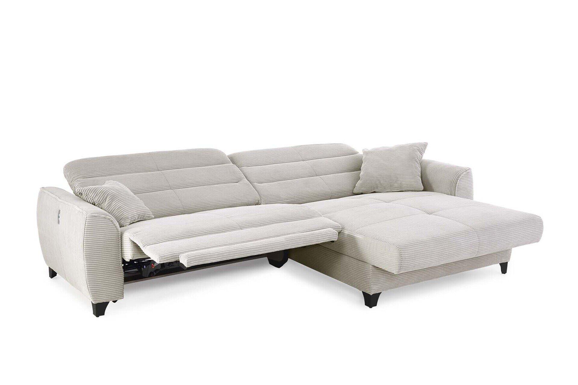 Wohnlandschaft Double One in Cord light greige, im Bild als Schlafsofa mit ausgezogener Liegefläche und Relaxfunktion sowie verstellbaren Kopfstützen aus der ¾-Ansicht zu sehen.