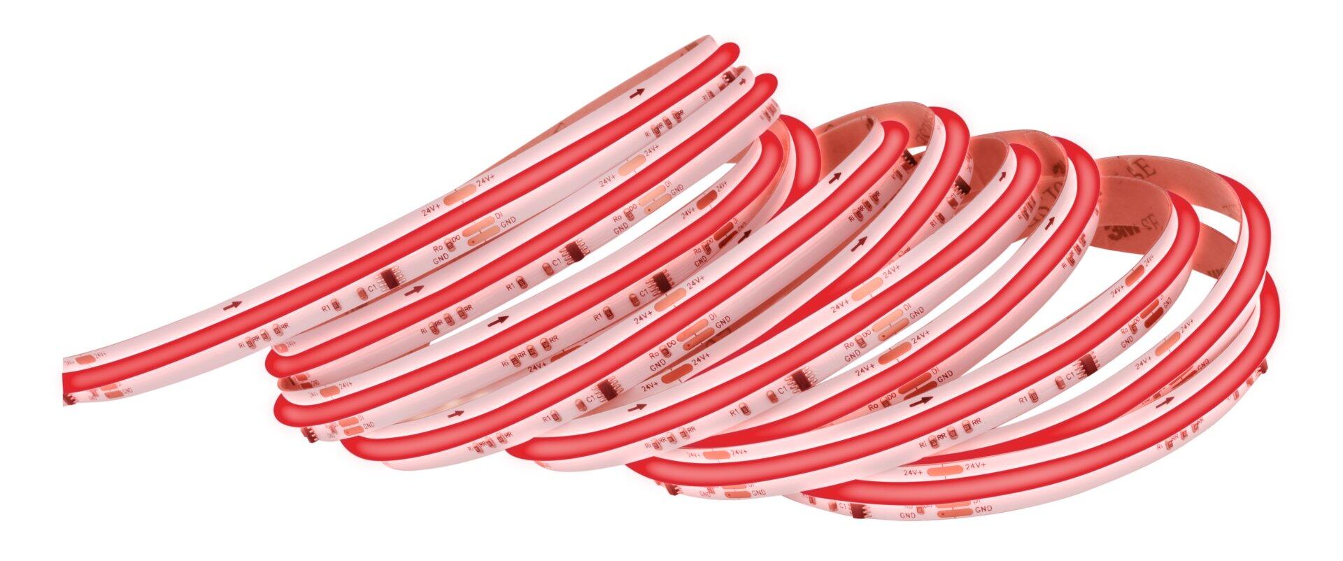 LED Band Stripe, rote flexible LED-Leiste aufgerollt in Spiralform mit Klebestreifen für einfache Befestigung.
