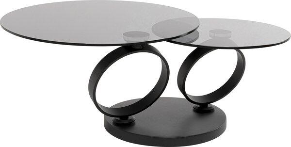 Couchtisch Beverly Smoke Schwarz mit zwei übereinanderliegenden, drehbaren Glasplatten und einem skulpturalen, offenen Stahlgestell.