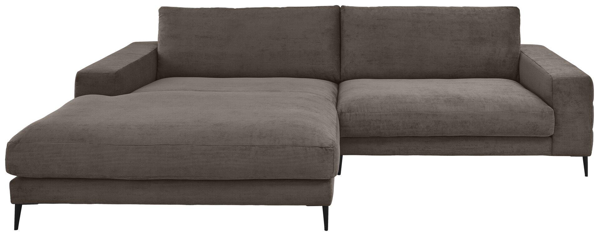 Graues Ecksofa Badia Base 2.0 mit Ottomane, flexibel links- oder rechts ansetzbar, auf schlanken schwarzen Metallfüßen und in Frontalperspektive.