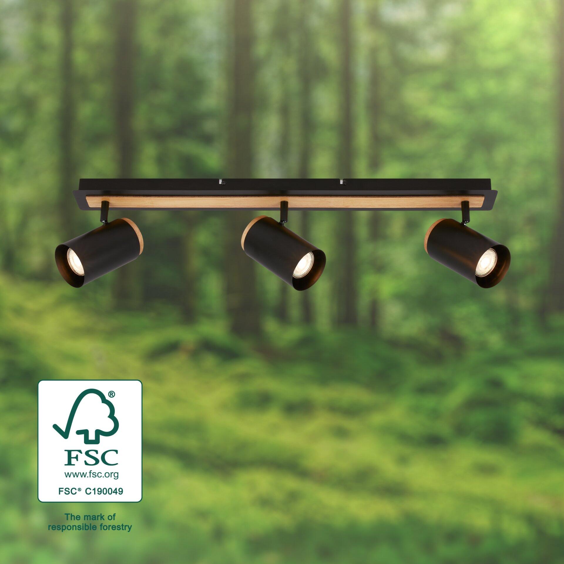 Dreifache Wandleuchte Duta Spot mit verstellbaren Lampenköpfen und horizontalem Holzband, welche eine individuelle Lichtausrichtung ermöglicht.