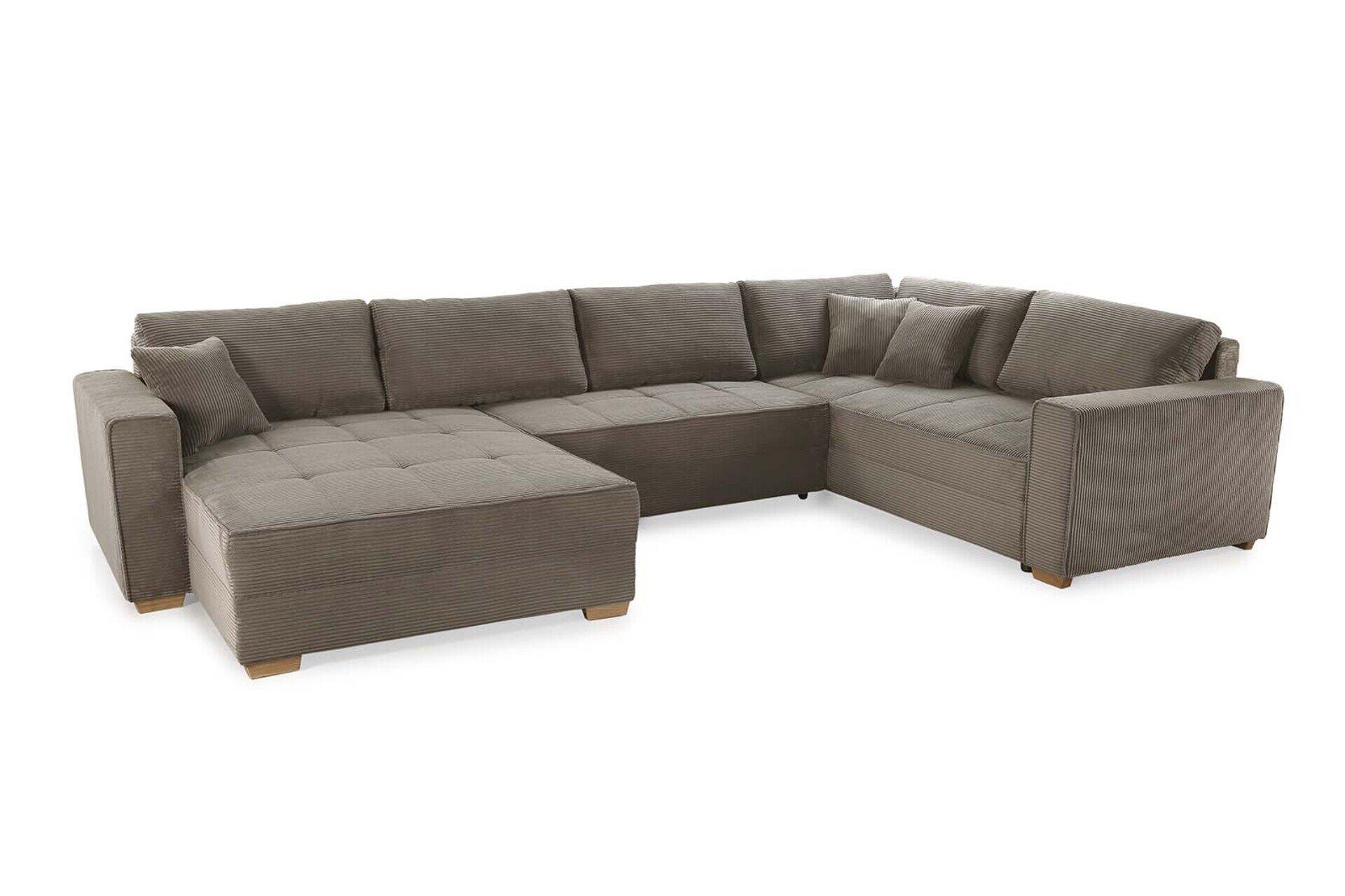 Wohnlandschaft Brixen mit Cordbezug in Taupe, massiven Eichenfüßen und abgetrennter Liegefläche für flexible Nutzung.