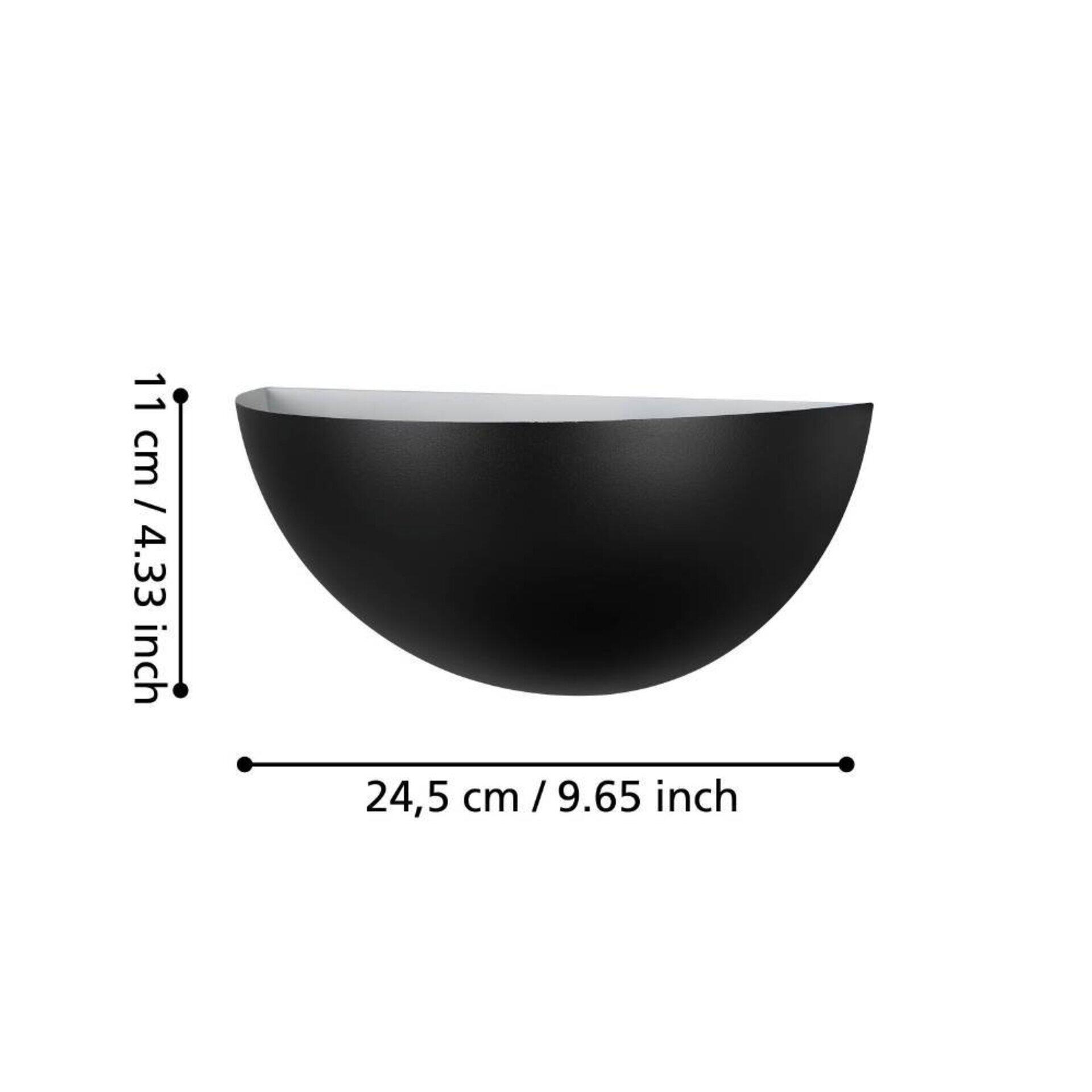 Wandleuchte Tanura, runde, schwarze Schale aus Vogelperspektive mit den Abmessungen 24,5 cm breit und 11 cm hoch.